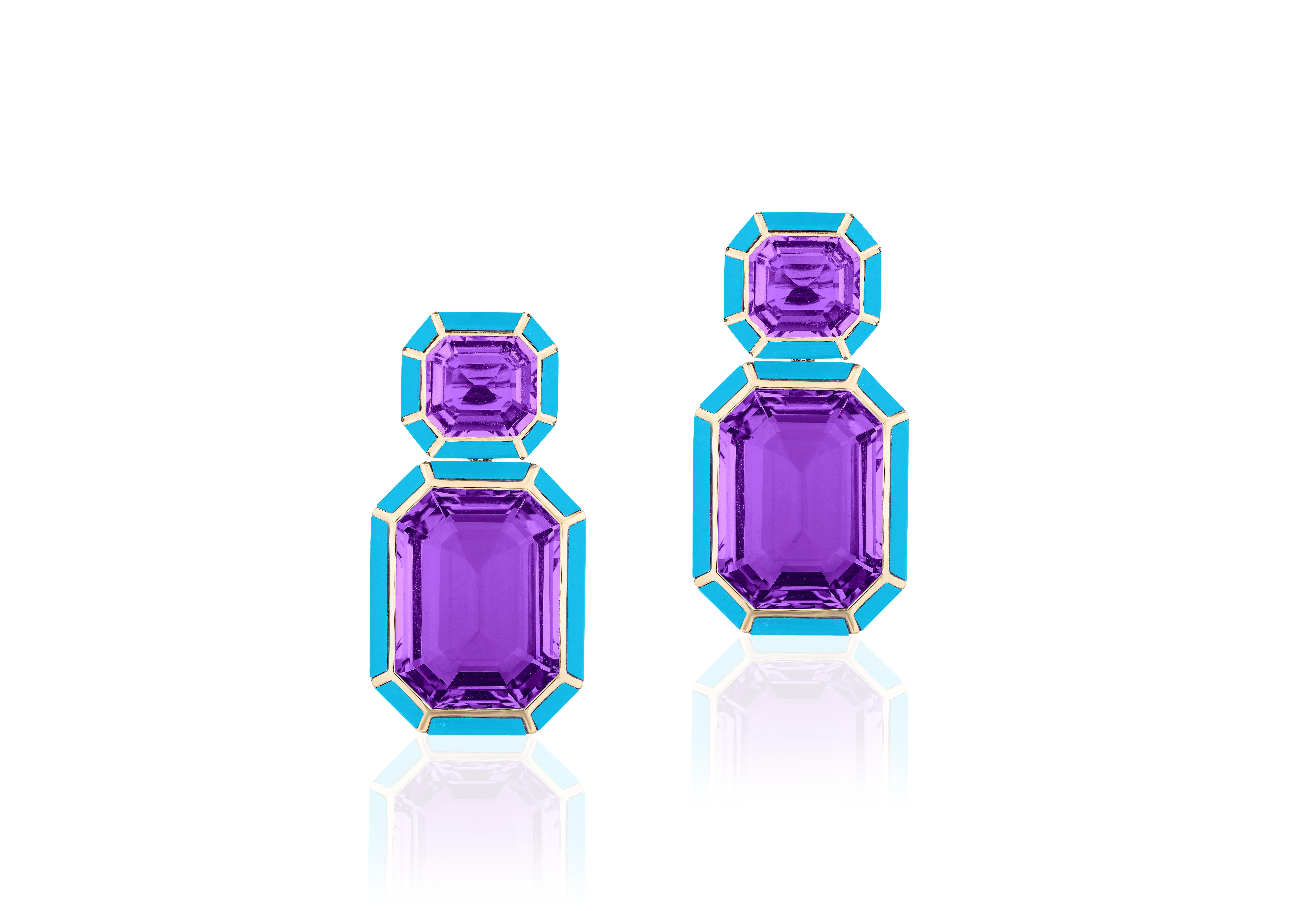 Amethyst and Turquoise Earrings in 18K Yellow Gold, from 'Mélange' Collection.

Beautifully crafted, these special pieces from Goshwara are not to be missed!

* Gemstone: 100% Earth Mined 
* Approx. gemstone Weight: 33.57 Carats (Amethyst); 3.95