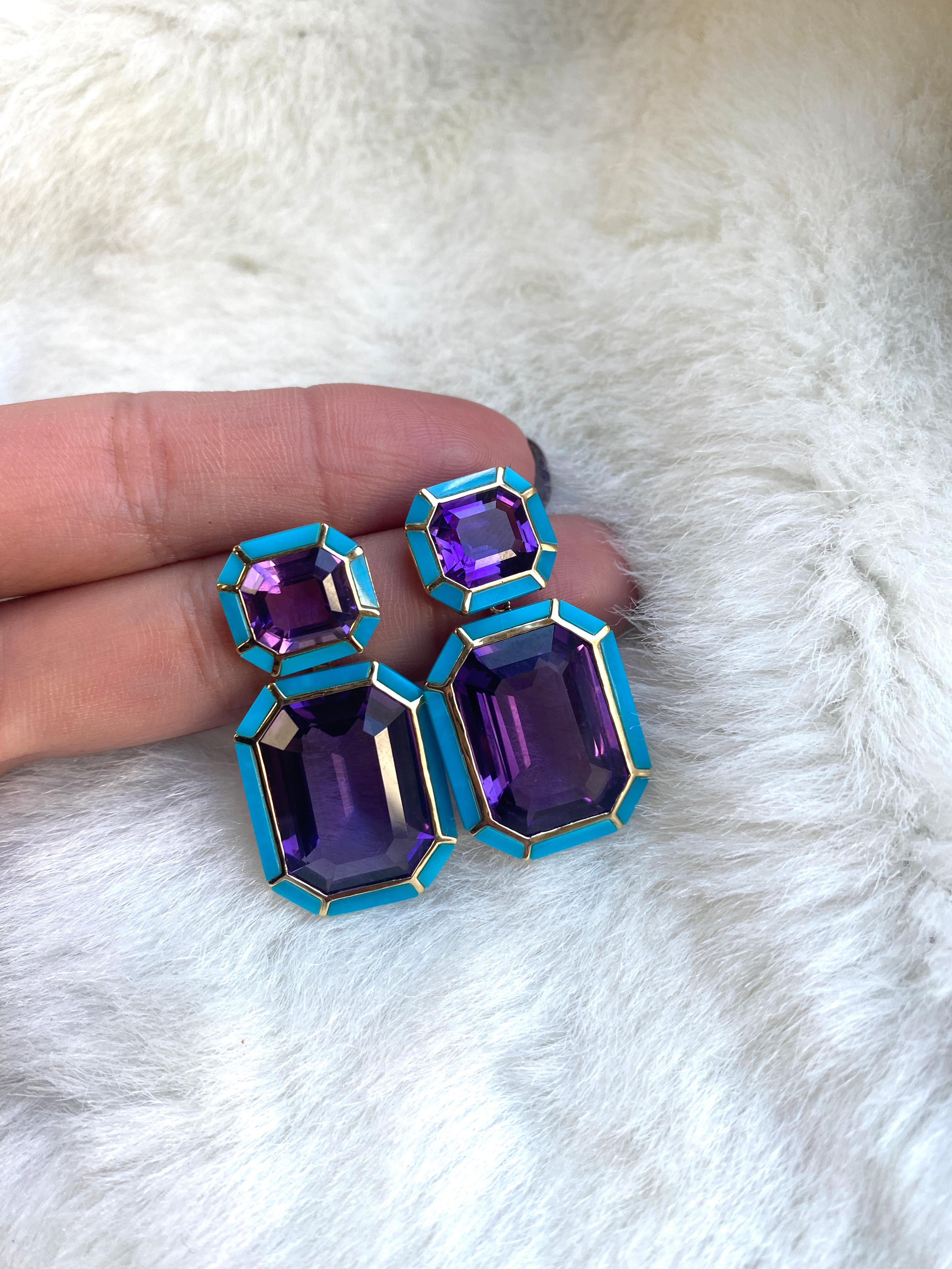 Emerald Cut Goshwara Amethyst and Turquoise Earrings For Sale