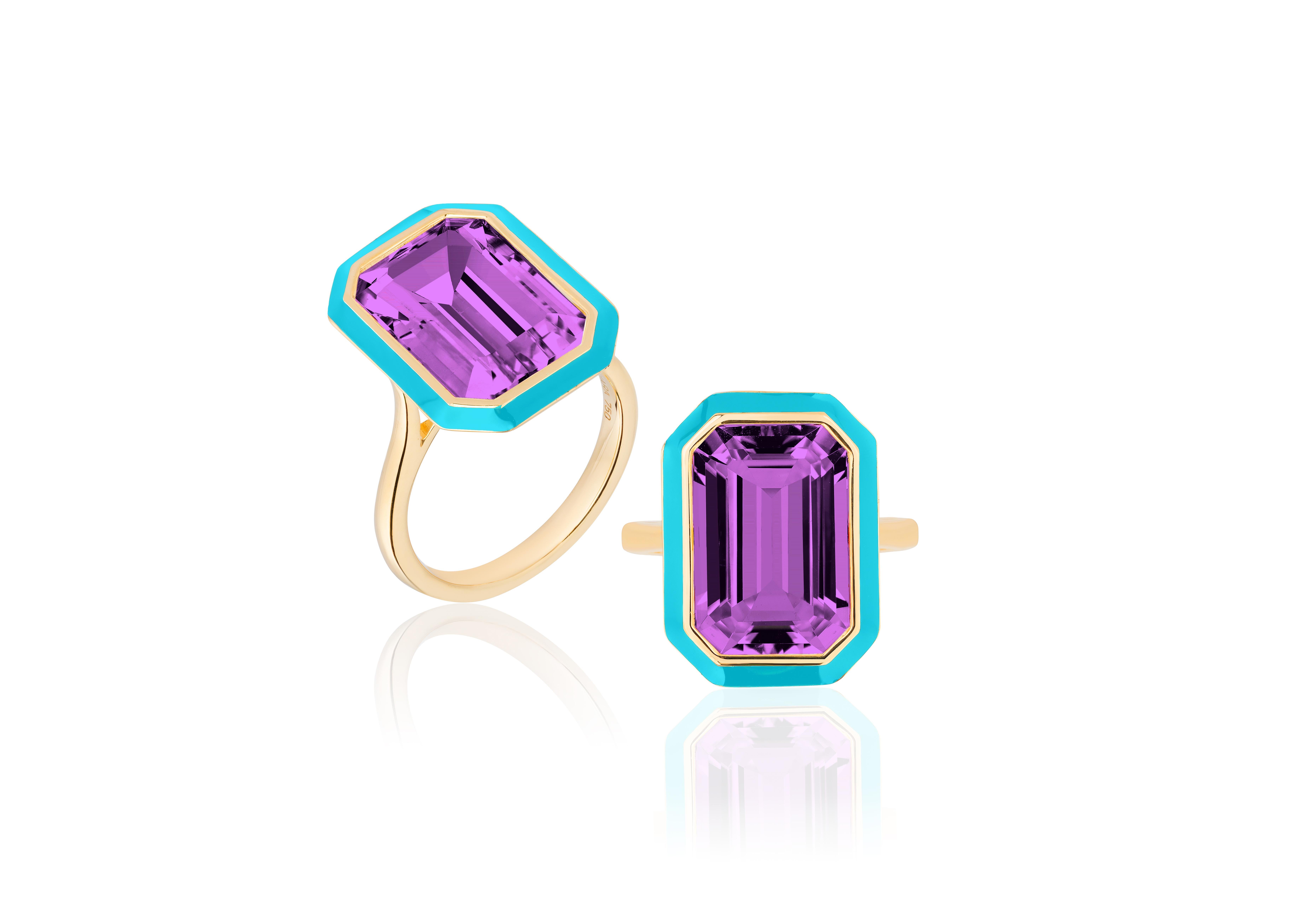 This set is a unique combination of Amethyst and Turquoise enamel. If you want to make a statement this is the perfect set to do it!

The set includes -

A 10 x 15 mm Amethyst Emerald cut ring in a bezel setting, with Turquoise enamel in the