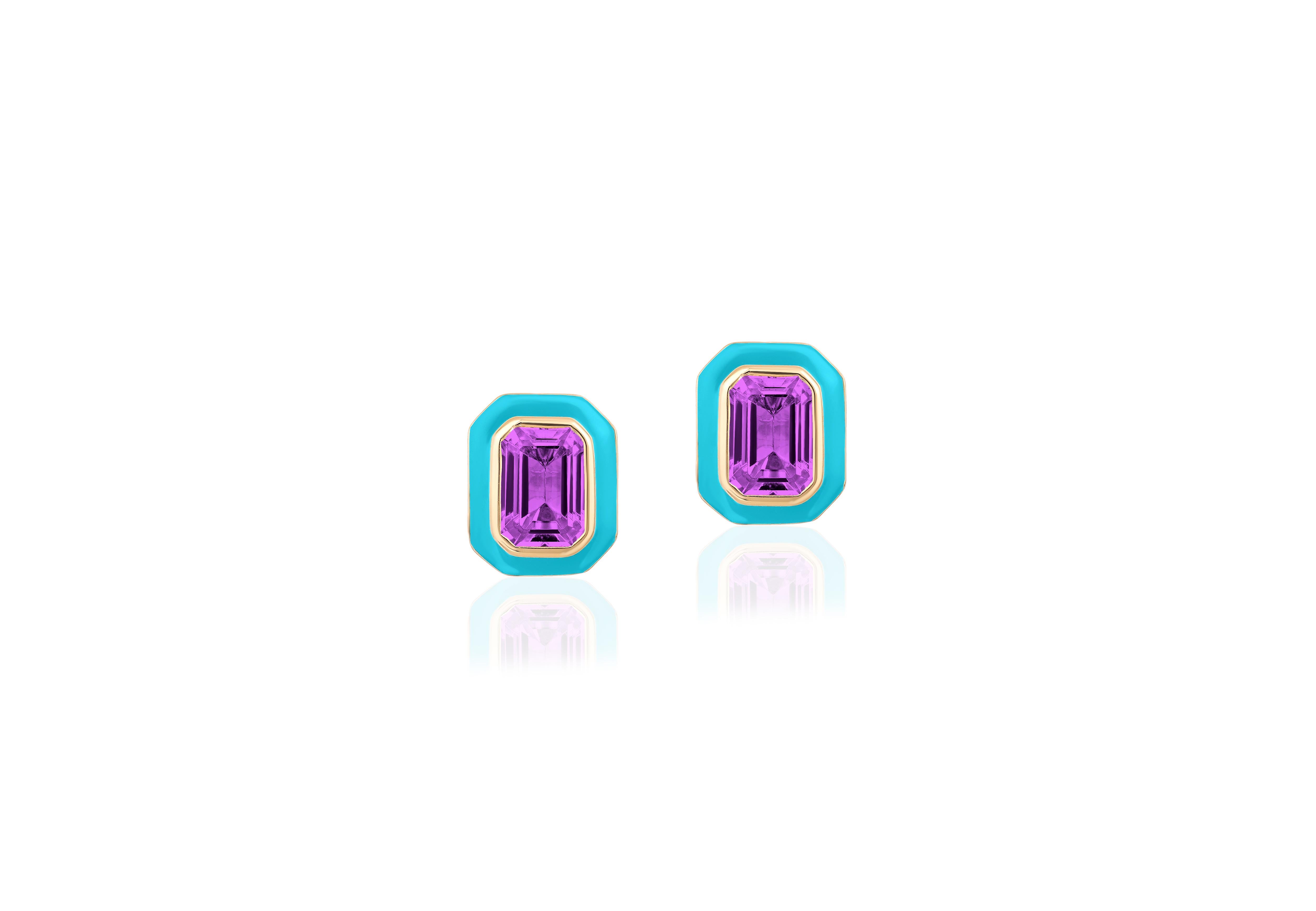 Emerald Cut Goshwara Amethyst and Turquoise Enamel Set of Pendant, Ring and Earrings