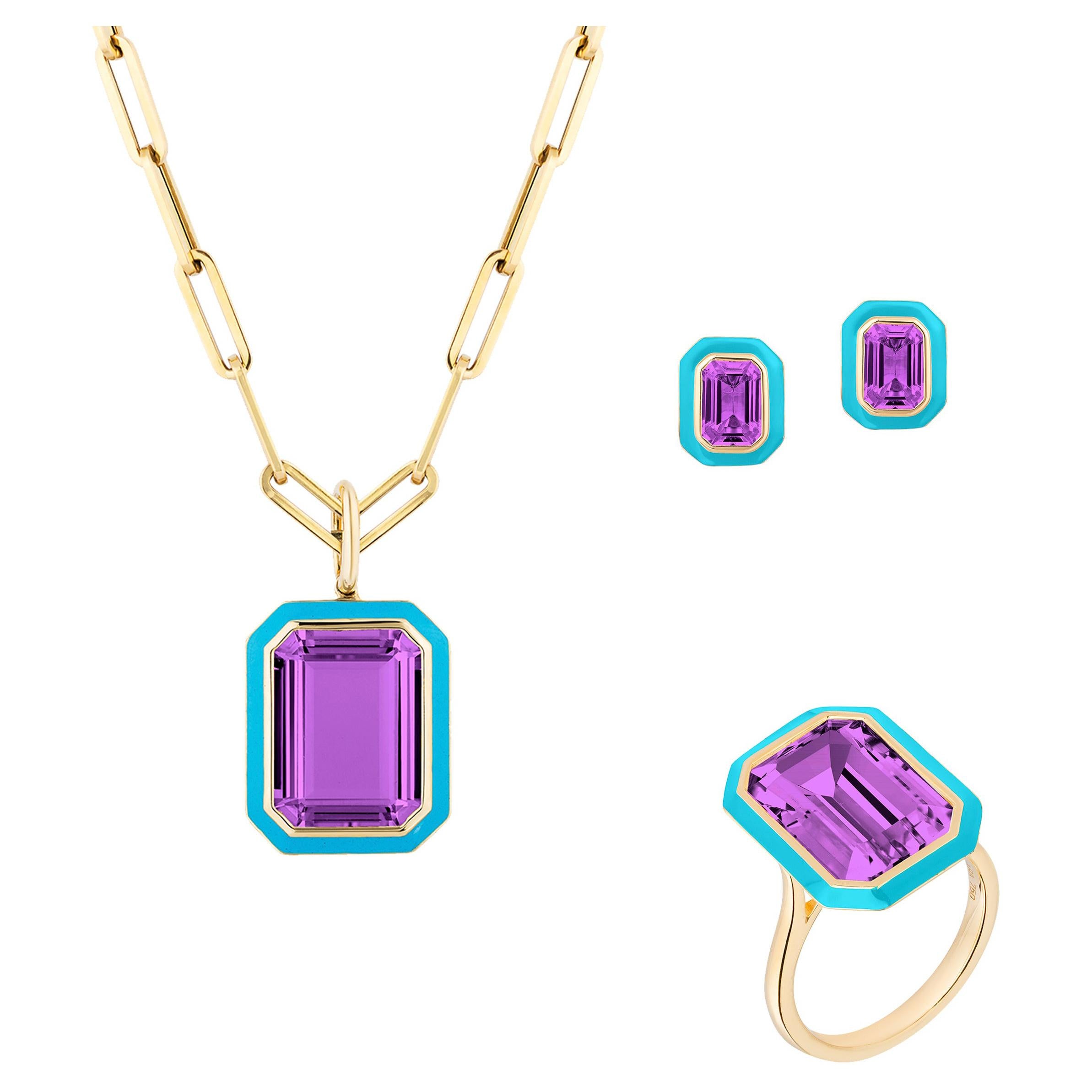 Goshwara Amethyst and Turquoise Enamel Set of Pendant, Ring and Earrings For Sale
