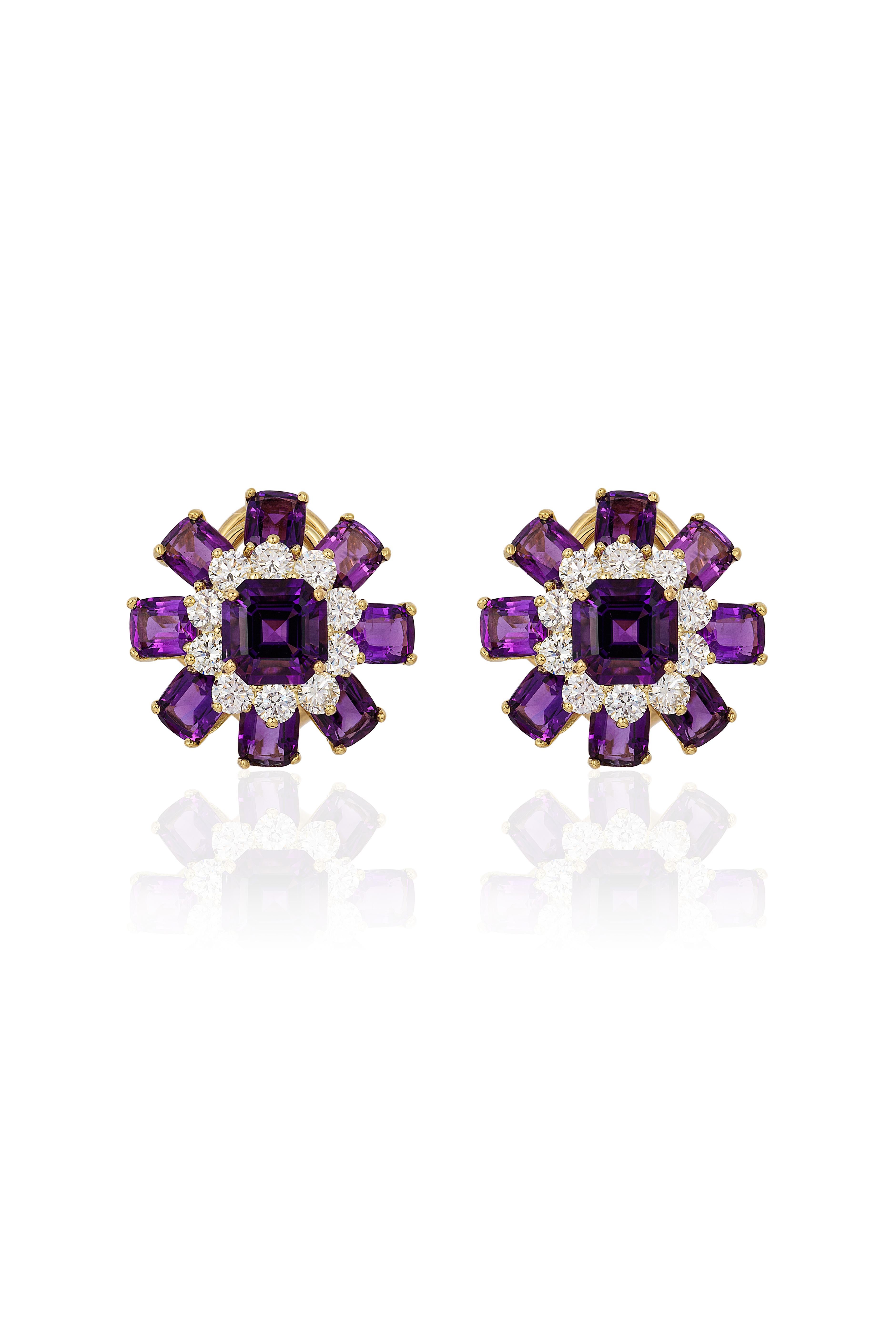 The Amethyst Asscher & Cushion Cut with Diamond Earrings in 18K Yellow Gold, part of the exquisite 'G-One' Collection, embody elegance and luxury. These stunning earrings feature beautifully faceted Amethyst gemstones in both Asscher and Cushion