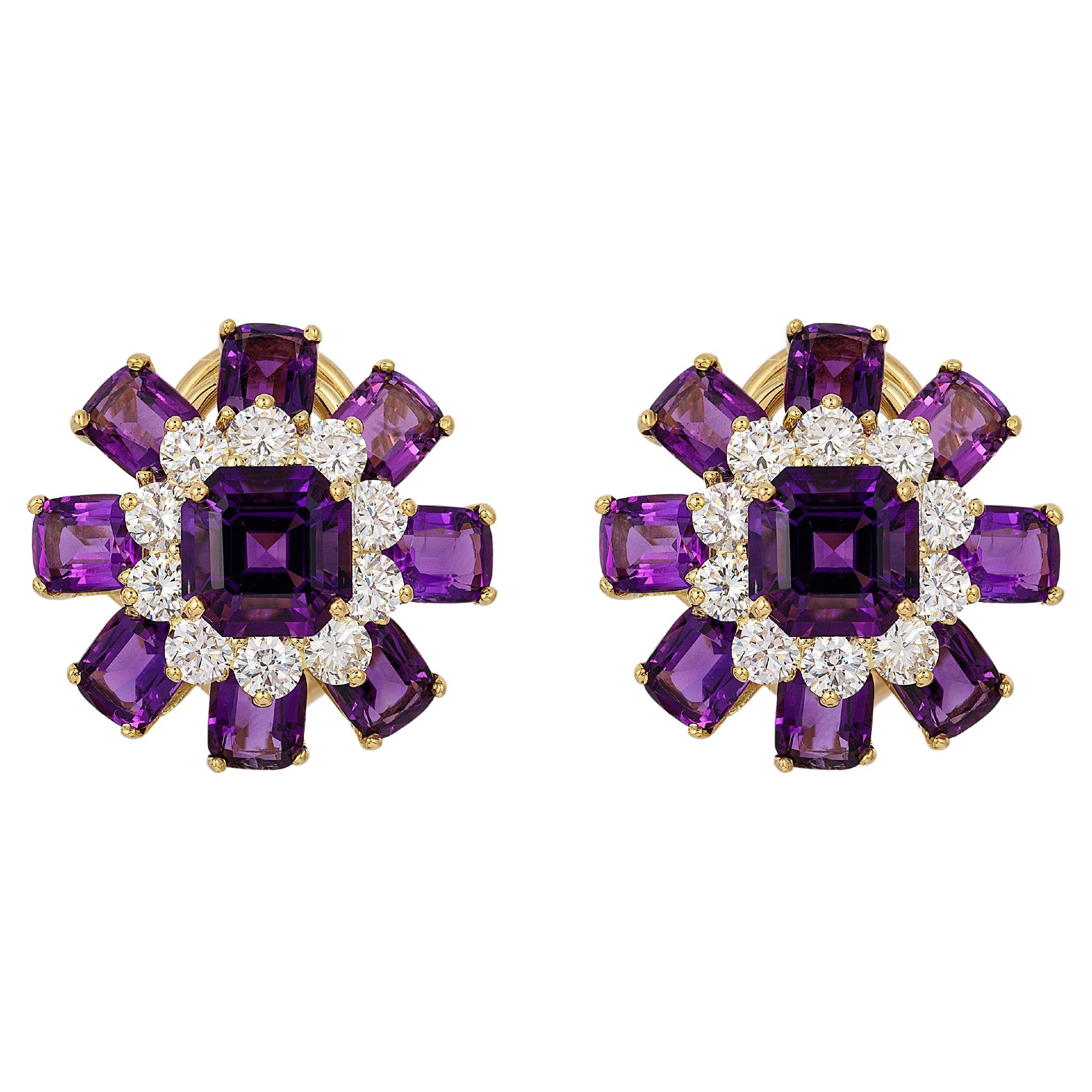 Goshwara Amethyst Asscher & Cushion Cut with Diamond Earrings For Sale