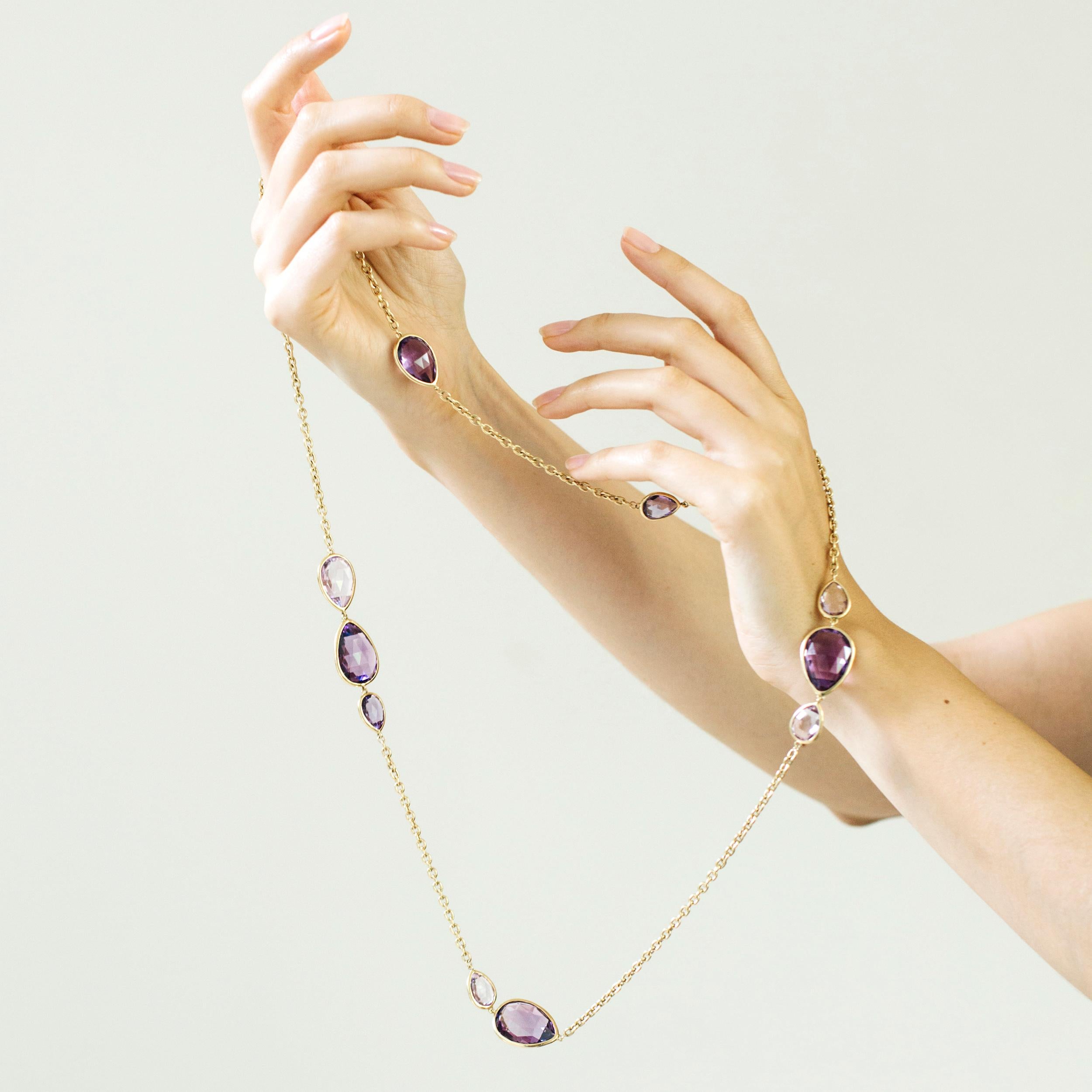 Amethyst Pear Shape Briolette Necklace on Oval Link Chain in 18K Yellow Gold, from ‘Gossip’ Collection  
Length: 36