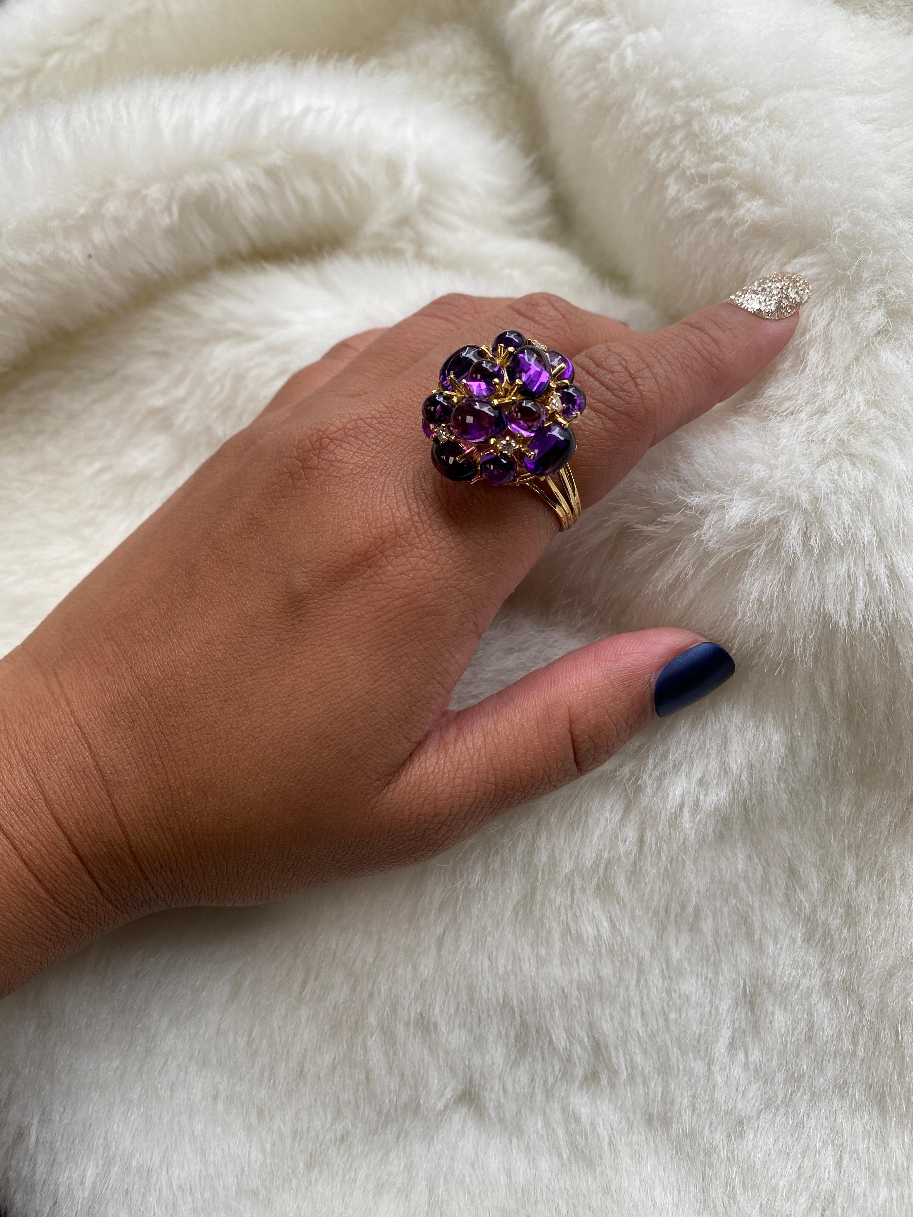 Amethyst Oval and Round Cabochon Ring in 18K Yellow Gold with Diamonds, from 'Rock 'N Roll' Collection. Extensive collection of big and bold pieces. Like the music, this Rock ‘n Roll collection is electric in color and very stimulating to the eye.