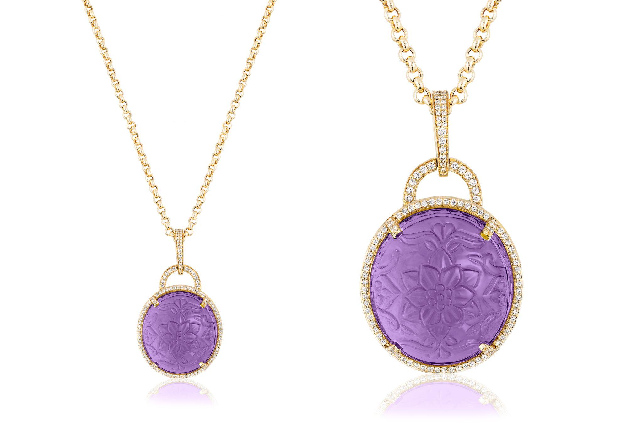 Oval Amethyst Carved Pendant with Diamonds in 18K Yellow Gold, from 'Rock 'N Roll' Collection
Length: 18