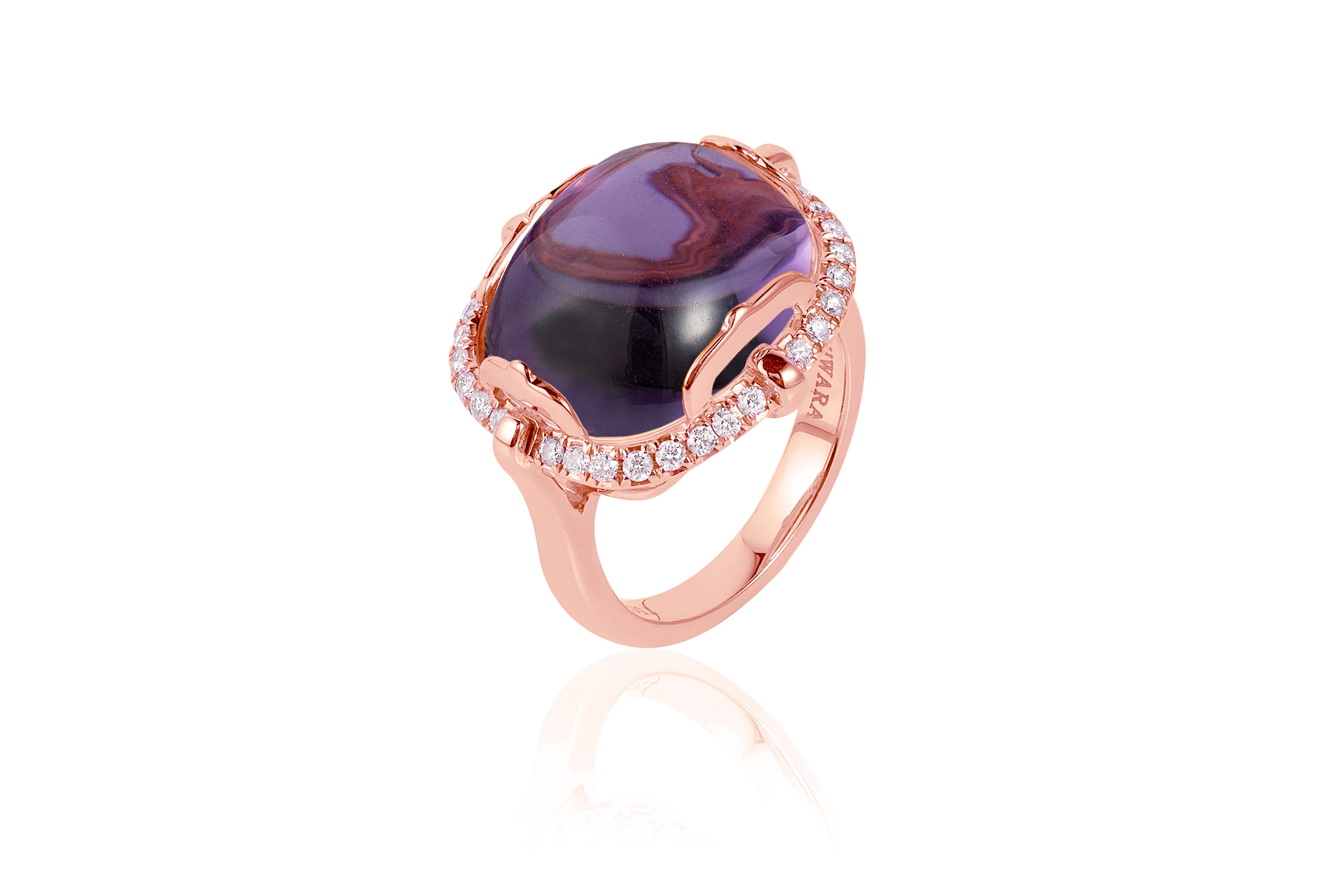 Amethyst Cushion Cabochon Ring in 18K Pink Gold with Diamonds from 'Rock 'N Roll' Collection

 *Gemstone Size: 16 x 13 mm 
 *Gemstone Approx. Weight: 12.70 Carats (Amethyst)
 *Gemstone 100% Earth-Mined

  *Approx. Weight :0.34 carat (Diamond)
 