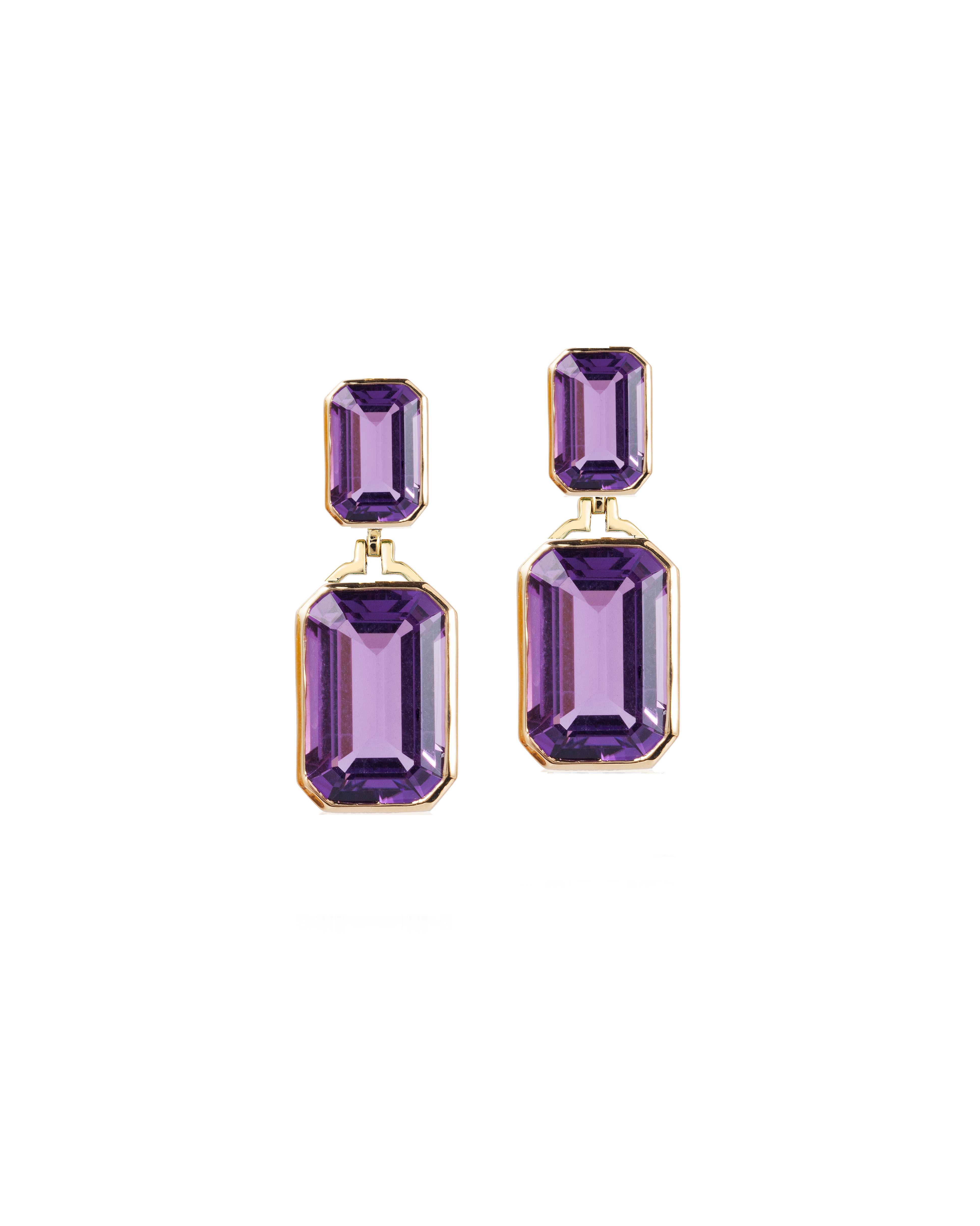 Amethyst Double Emerald Cut Earrings in 18K Yellow Gold, from 'Gossip' Collection
Stone Size: 15 x 10 mm & 7 x 10 mm 
Gemstone Approx Wt: Amethyst- 18.30 Carats