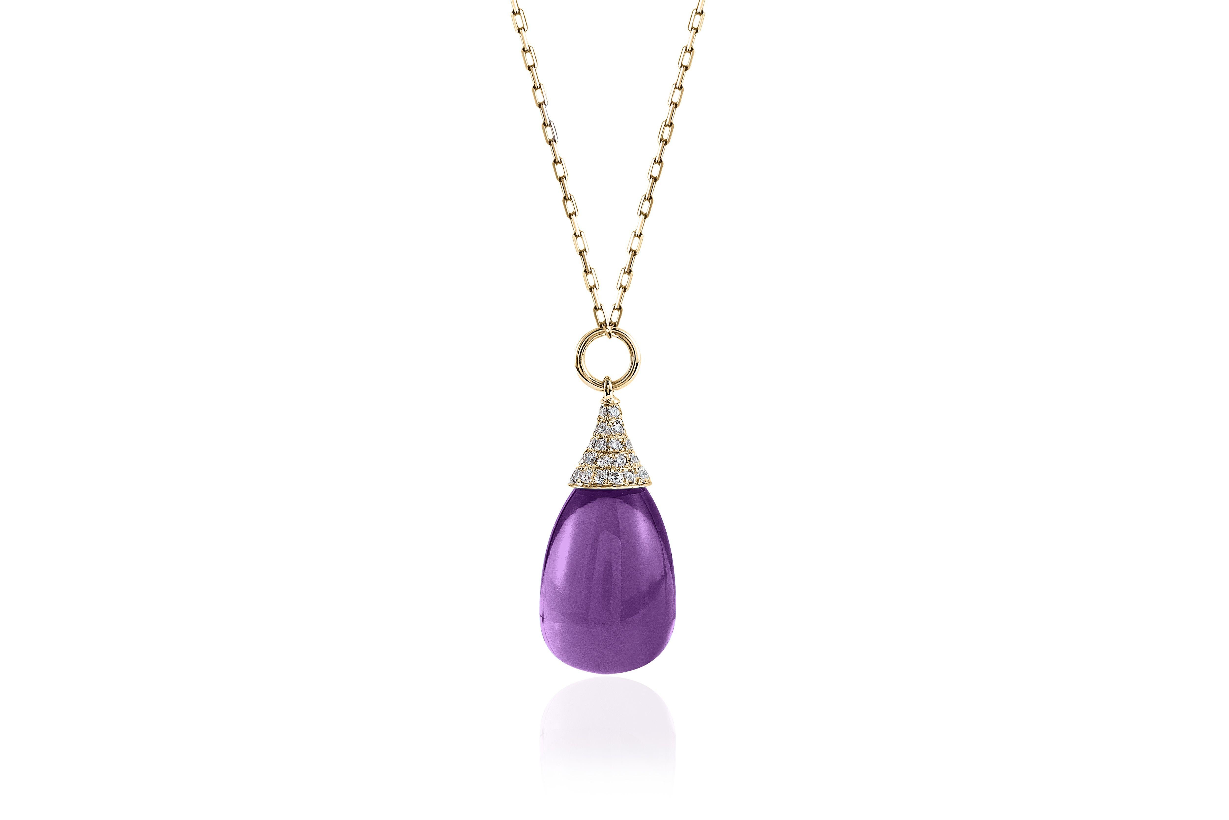 Amethyst Drop Pendant with Diamond Cap in 18K Yellow Gold on a 18'' Chain from 'Naughty' Collection
 Stone Size: 19 x 12 mm
 Diamonds: G-H / VS, Approx Wt:0.32 Cts
