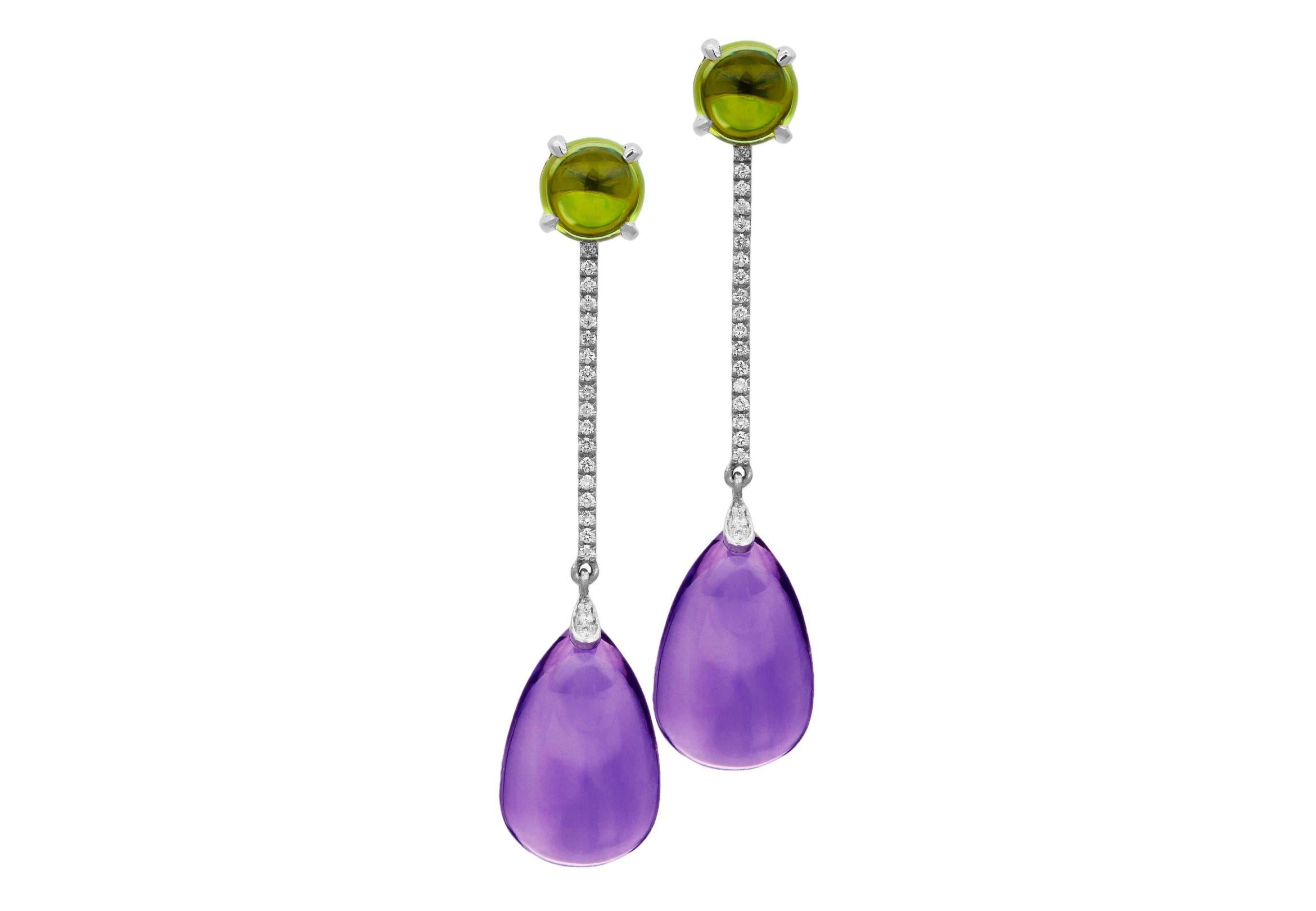 Amethyst & Peridot Long Drop Earrings with Diamonds in 18K from 'Naughty' Collection
 Stone Size: 19 x 12 mm & 8 mm 
 Diamonds: G-H / VS, Approx Wt: 0.28 Cts