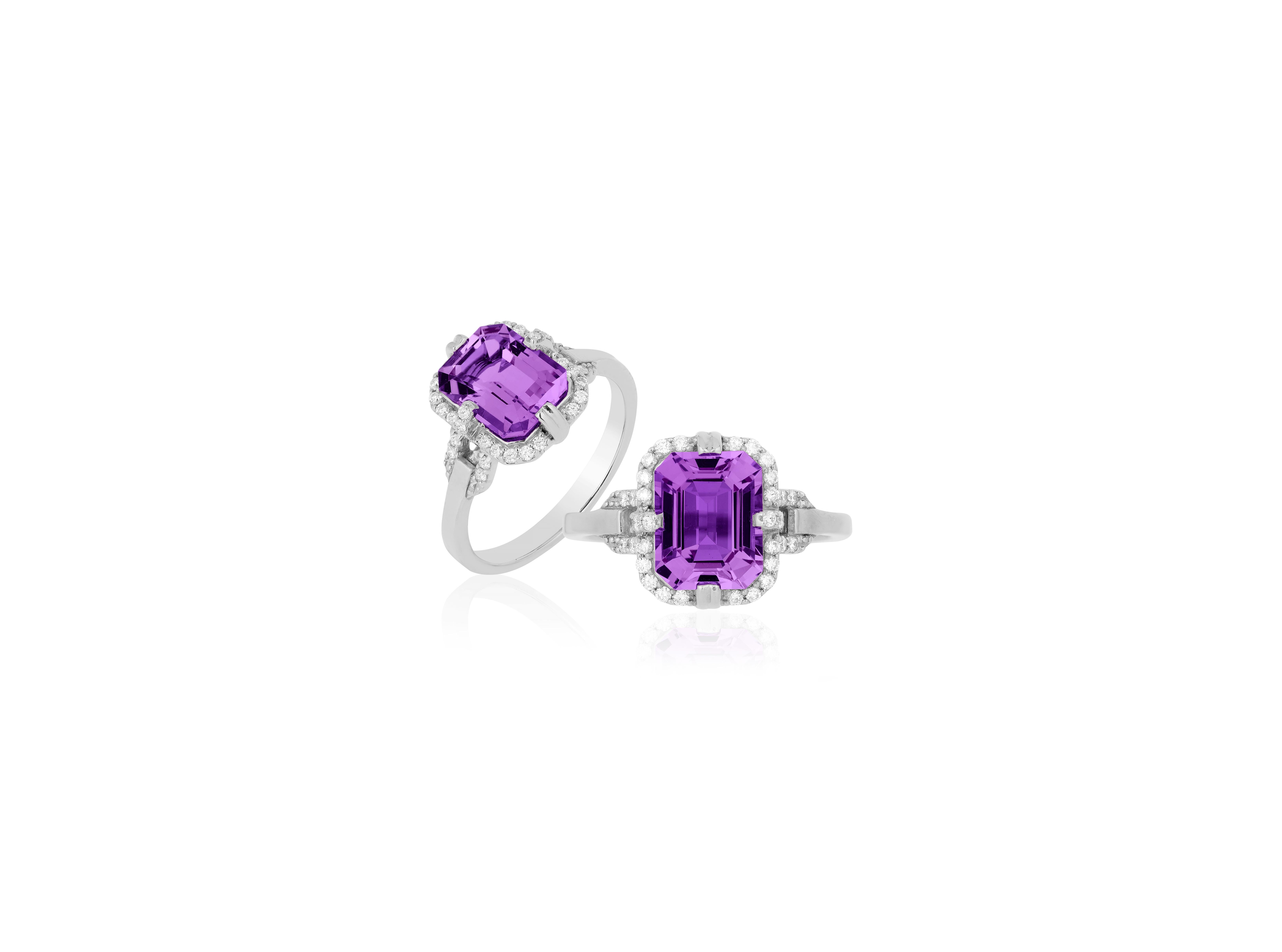 Amethyst Emerald Cut Ring in 18K White Gold with Diamonds from 'Gossip' Collection
 Stone Size: 9 x 7 mm 
 Diamonds: G-H / VS, Approx Wt: 0.16 Cts