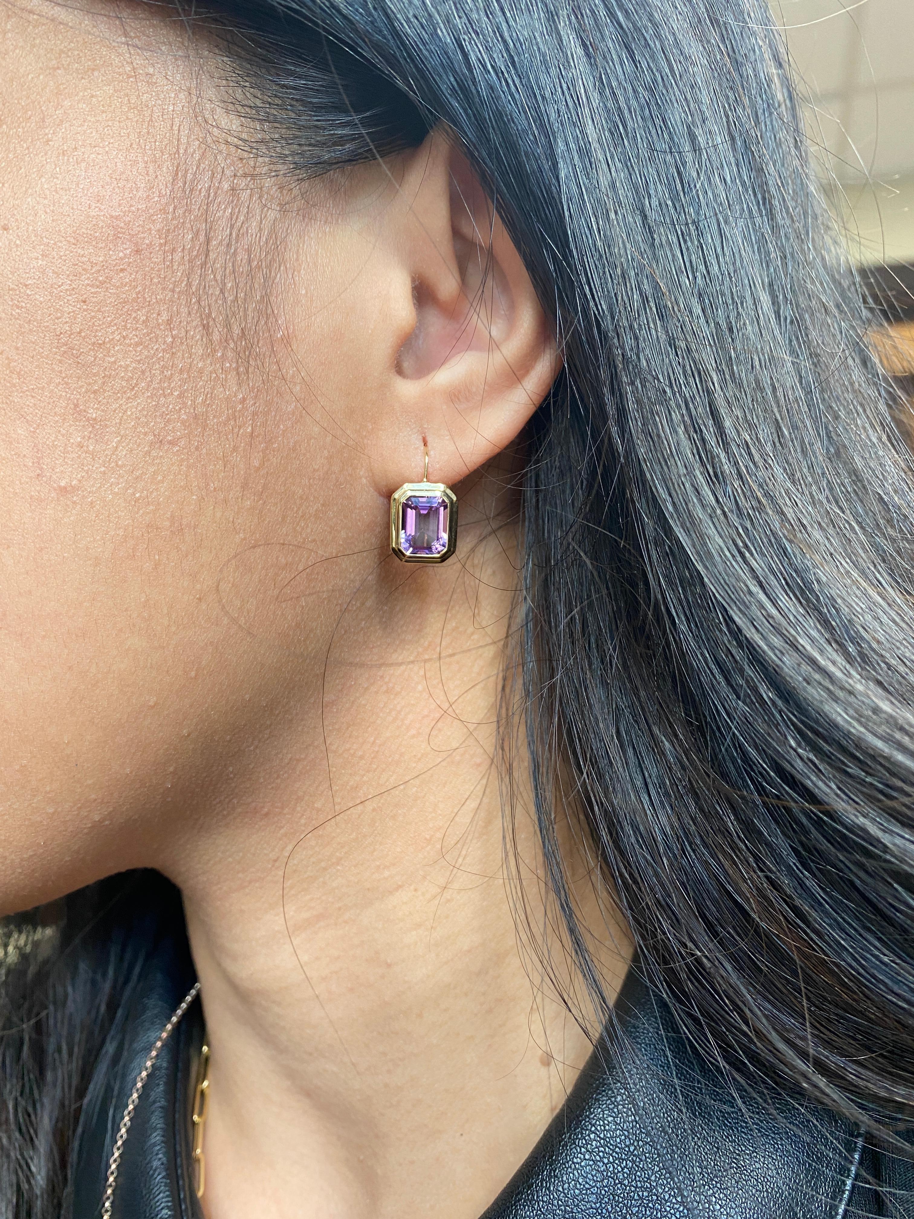 Contemporary Goshwara Amethyst Emerald Cut Bezel Set on Wire Earrings  For Sale