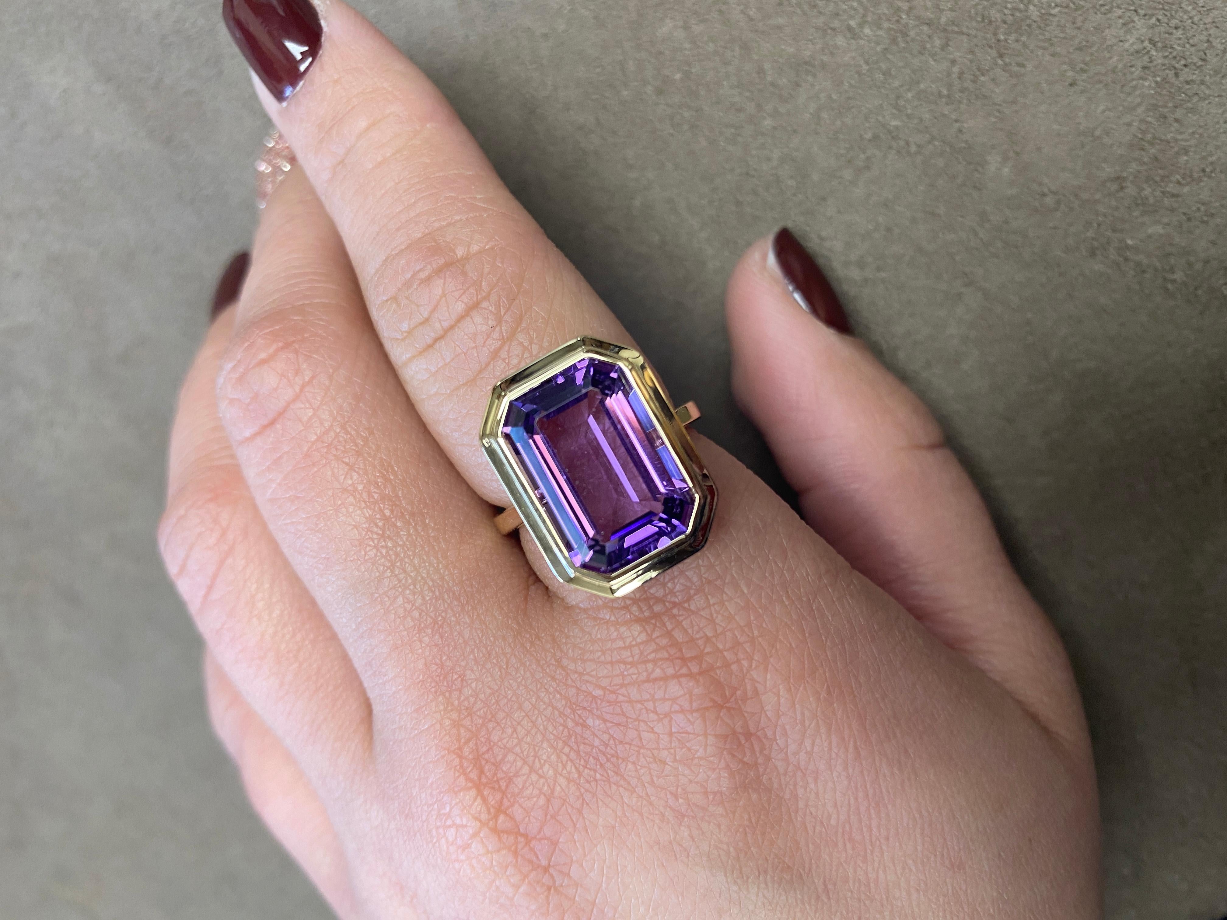 A classic yet an everyday bold statement piece, this amazing cocktail ring is part of our very new ‘Manhattan’ Collection. It has a 10 x 15 mm emerald cut Amethyst in a bezel setting in 18k gold   ​

Minimalist lines yet bold structures is what our