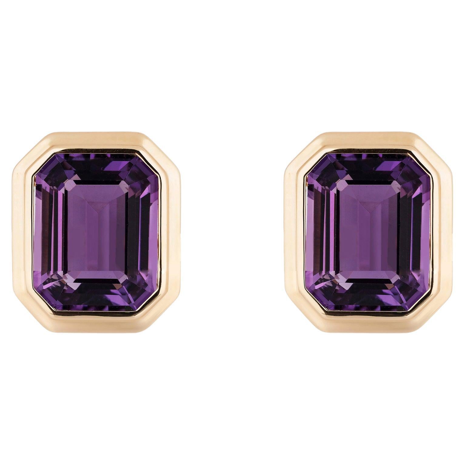 Goshwara Amethyst Emerald Cut Bezel Set Stud Earrings For Sale