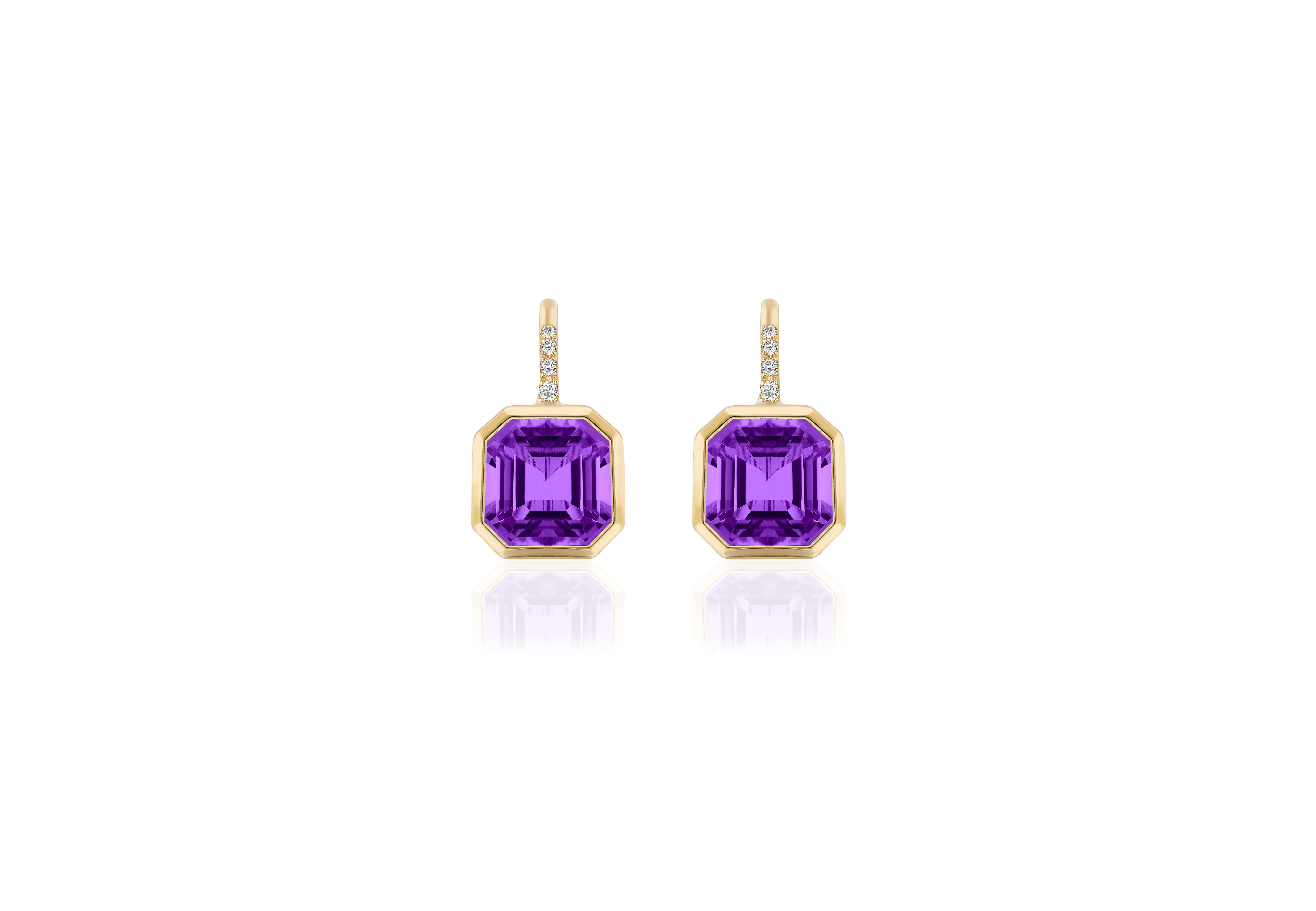 These beautiful earrings in a 9 x 9 mm Asscher cut, which is a blend of the princess and emerald cuts with X-shaped facets from its corners to its center culet, are made in Amethyst gemstone. They are set on wire with 4 Diamonds in 18K Gold. These