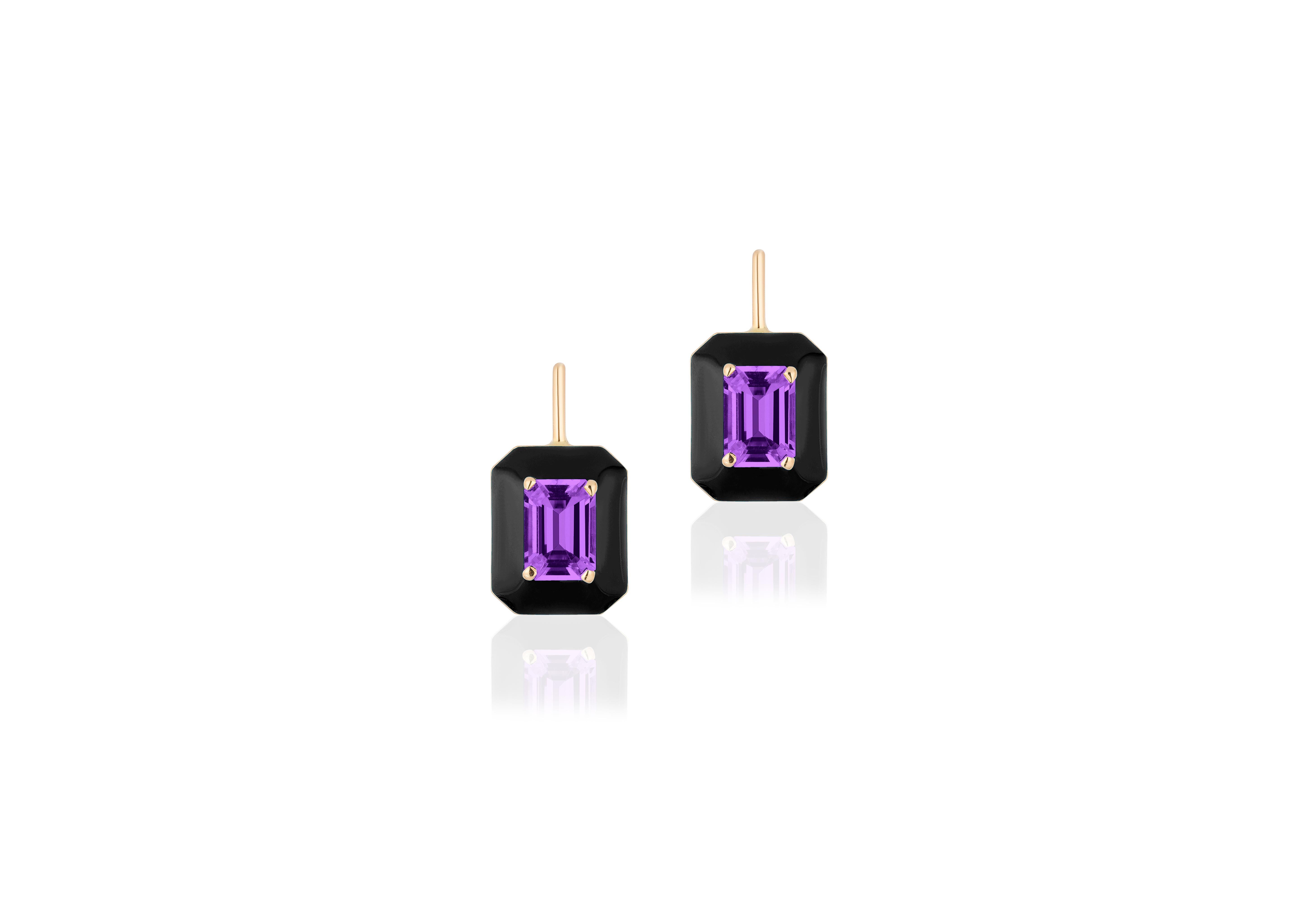 These unique earrings are an Amethyst Emerald Cut, with Black Enamel border and Lever back. From our ‘Queen’ Collection, it was inspired by royalty, but with a modern twist. The combination of enamel, and Amethyst represents power, richness and