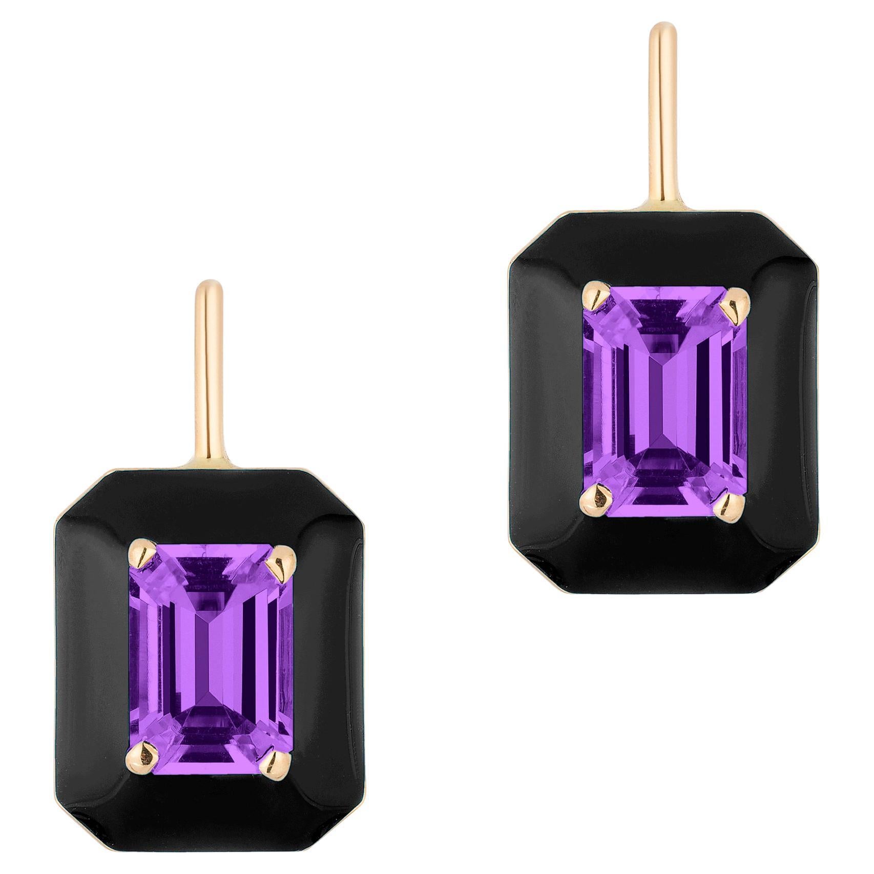 Goshwara Amethyst Emerald Cut with Black Enamel Earrings