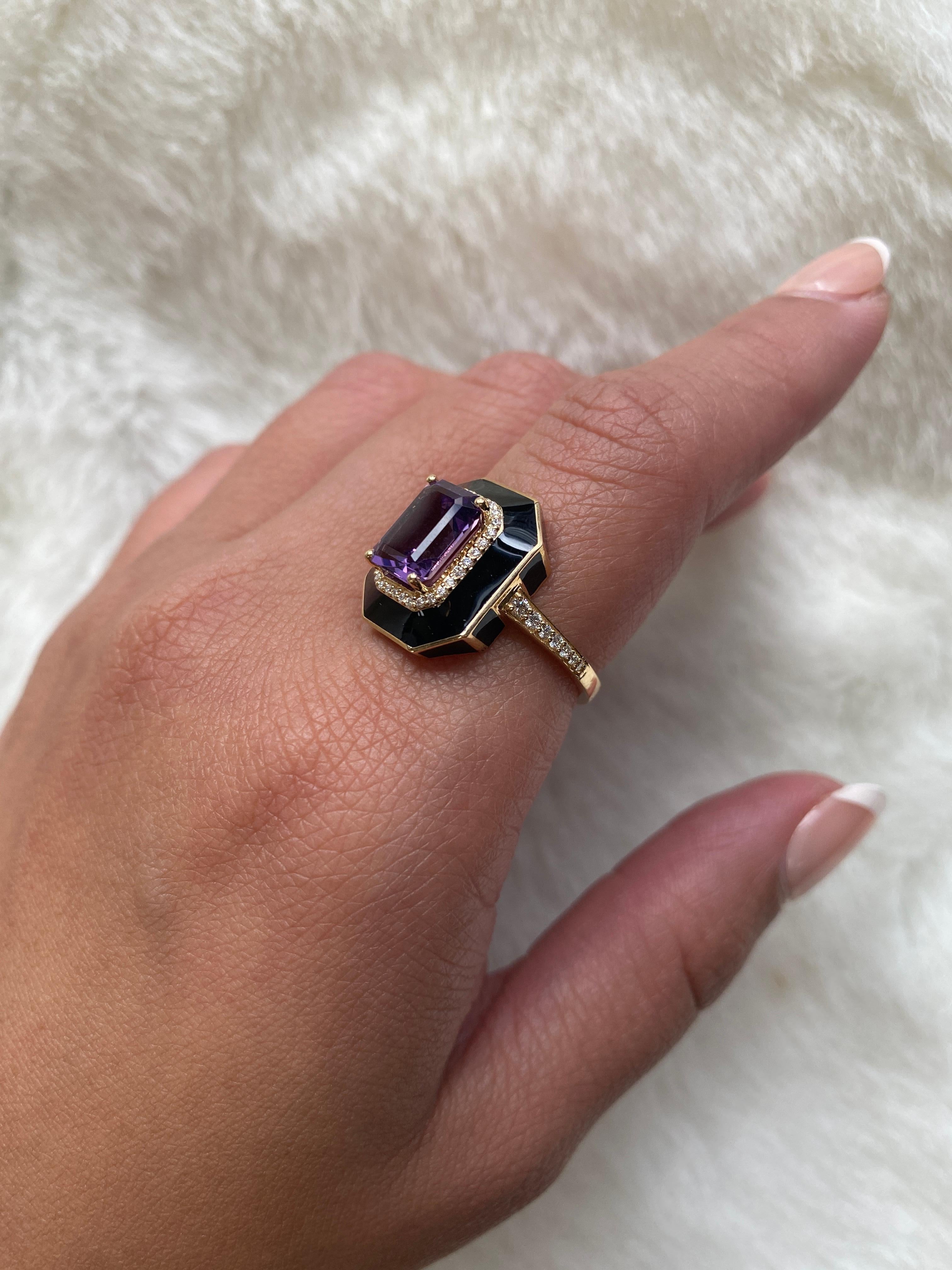 Amethyst Emerald Cut Ring with Diamonds and Black Enamel in 18K Yellow Gold, from 'Queen' Collection. Our Queen Collection was inspired by royalty, but with a modern twist. The combination of enamel and Amethyst represents power, richness and