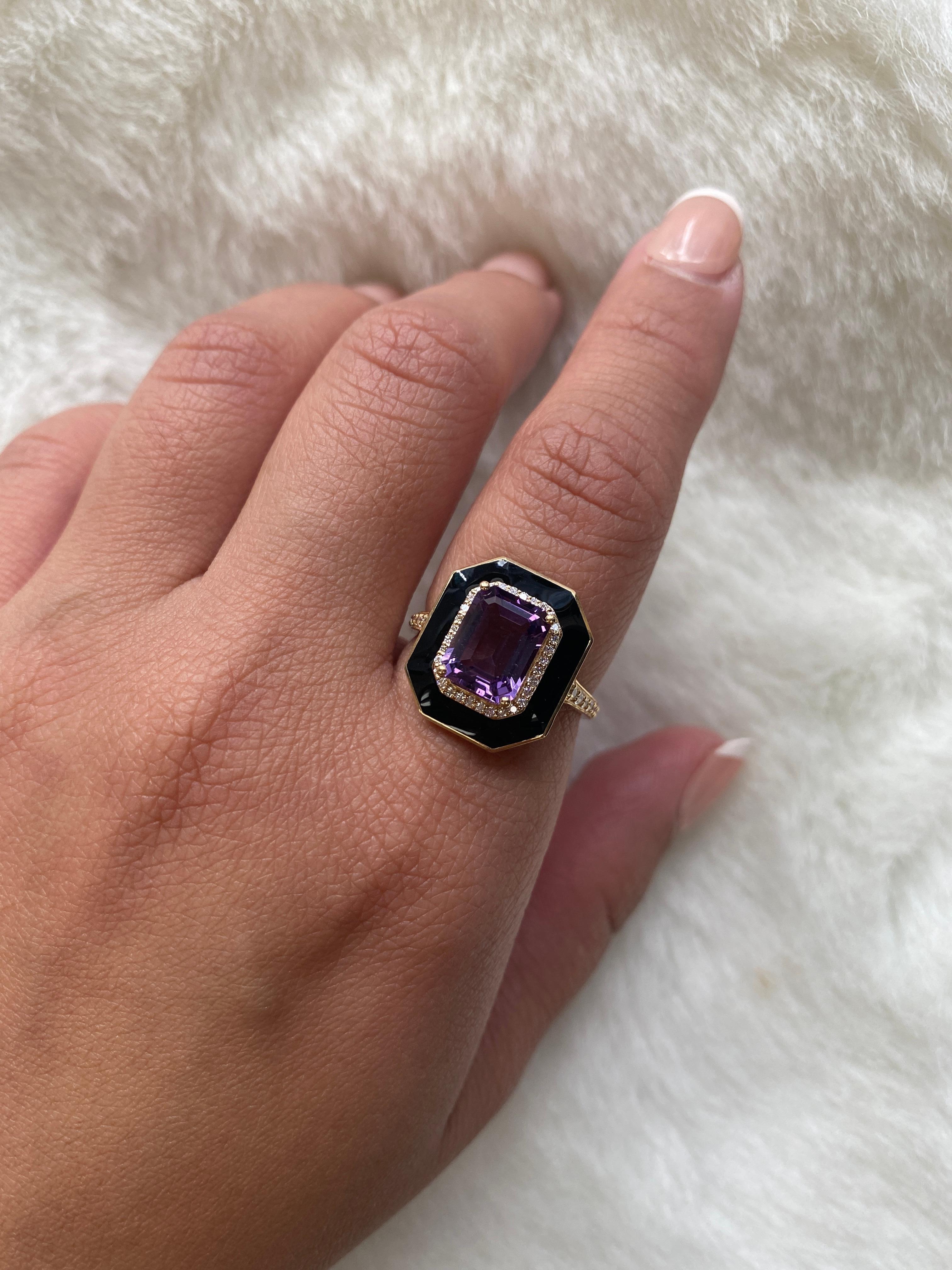 Contemporary Goshwara Amethyst Emerald Cut with Diamonds and Black Enamel Ring For Sale