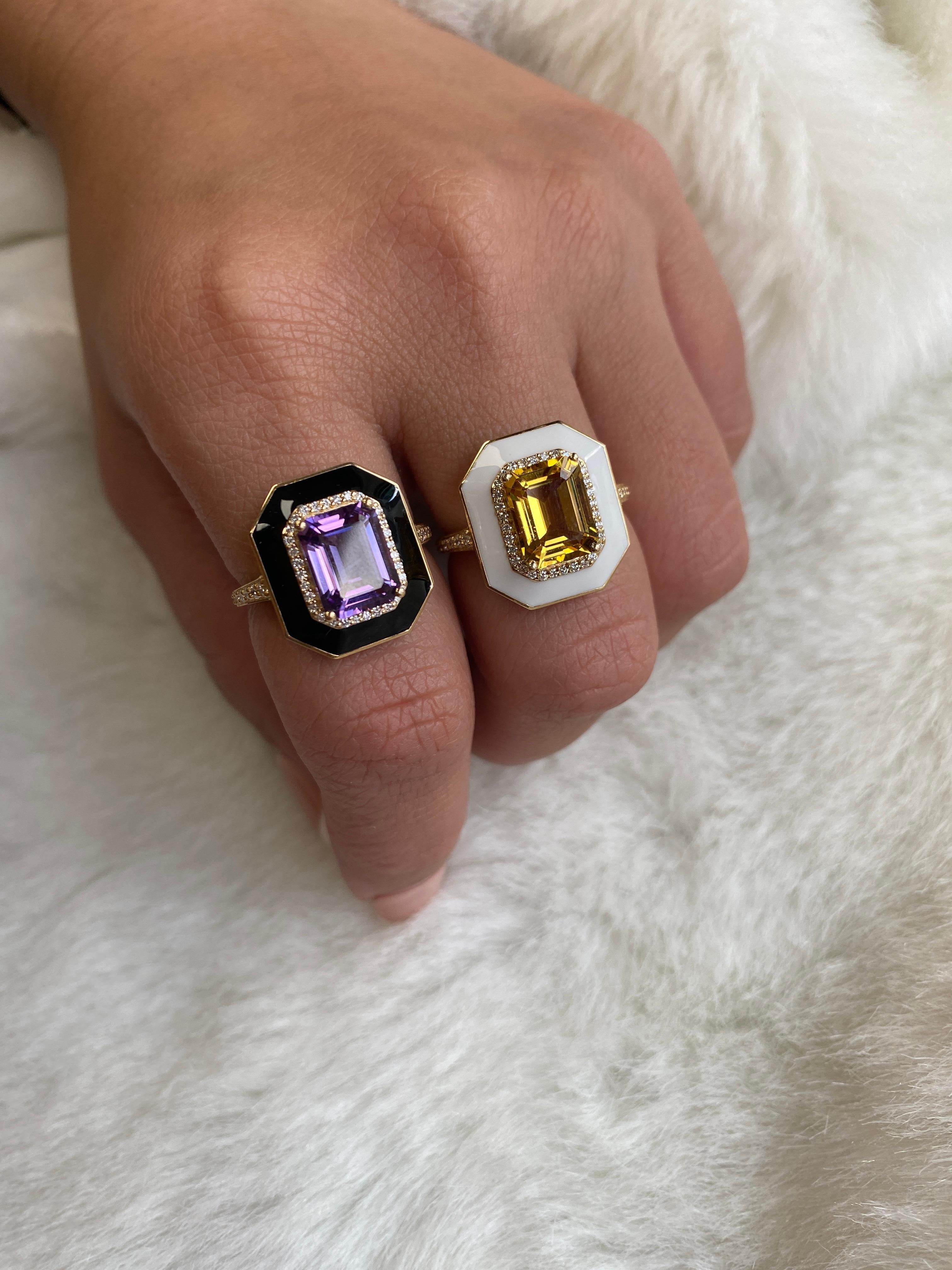 Goshwara Amethyst Emerald Cut with Diamonds and Black Enamel Ring In New Condition For Sale In New York, NY