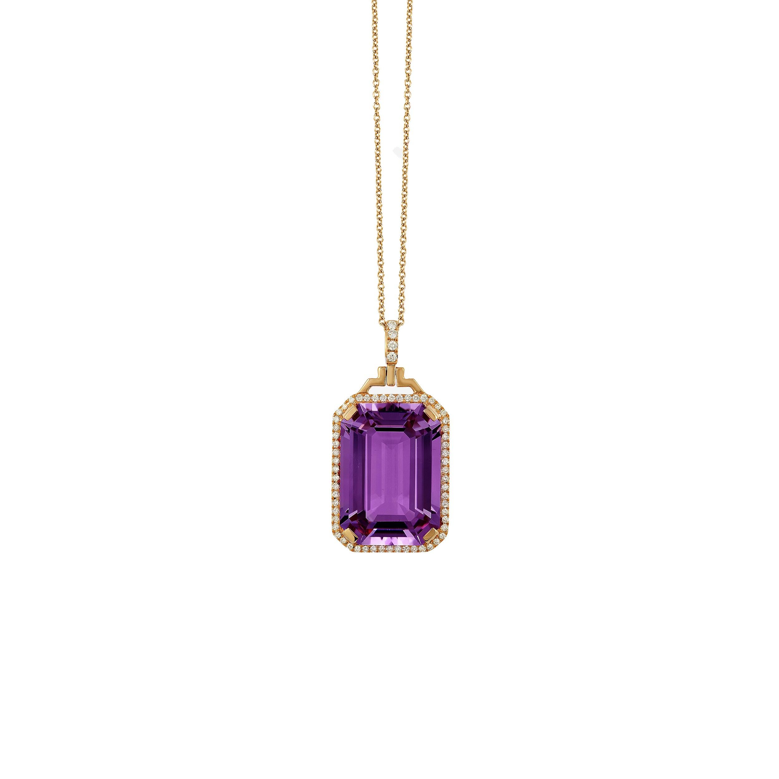 Amethyst Emerald Cut Pendant with Diamonds in 18K Yellow Gold, from 'Gossip' Collection.
Please allow 4-5 weeks for this item to be delivered.
 
 on a 18'' Chain
 
 Stone Size: 14 x 20 mm 
 
 Gemstone Approx Wt: Amethyst-15.90 Carats 
 
 Diamonds: