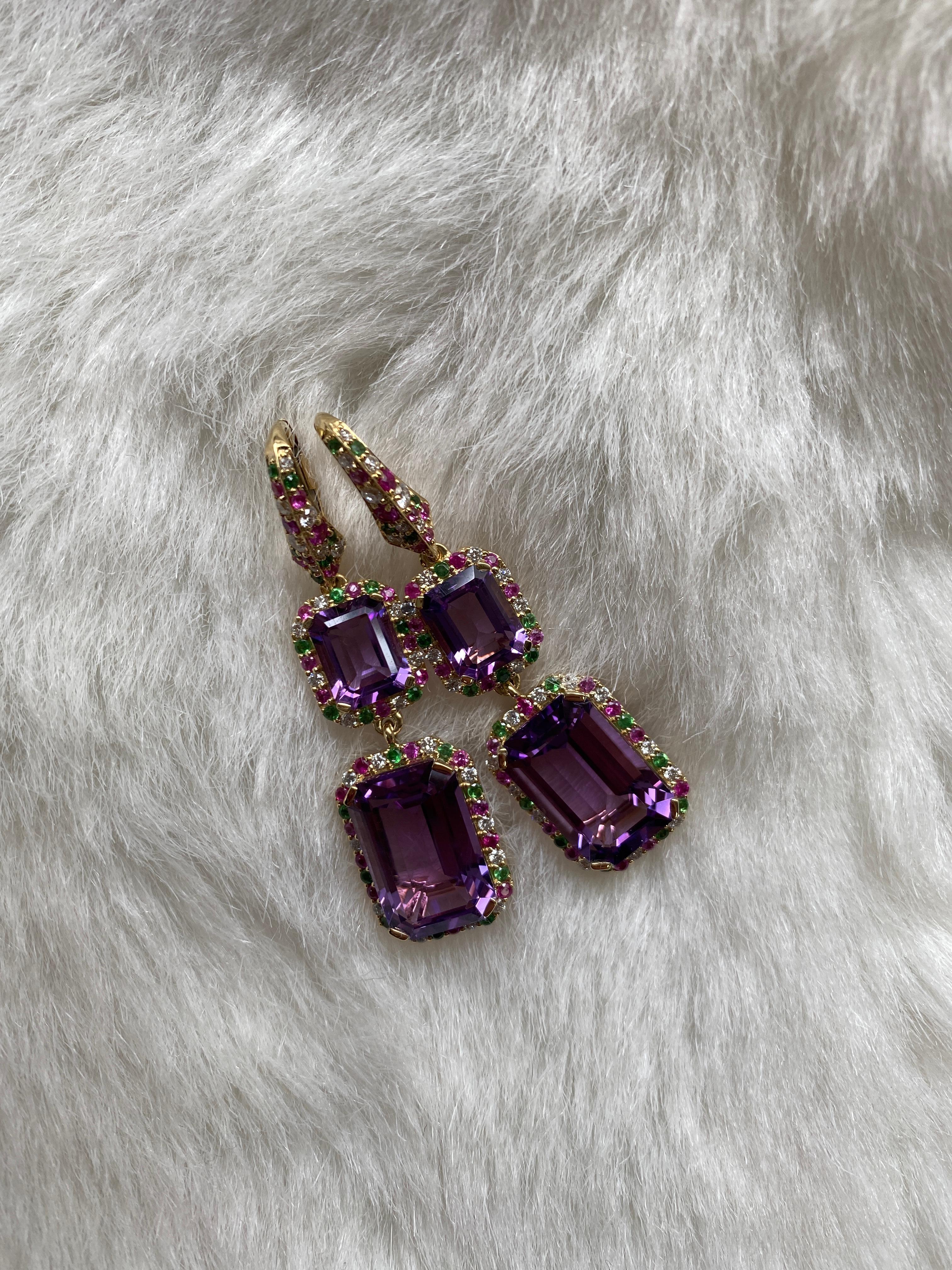 Contemporary Goshwara Amethyst Emerald Cut with Tsavorite, Sapphire and Diamonds Earrings  For Sale