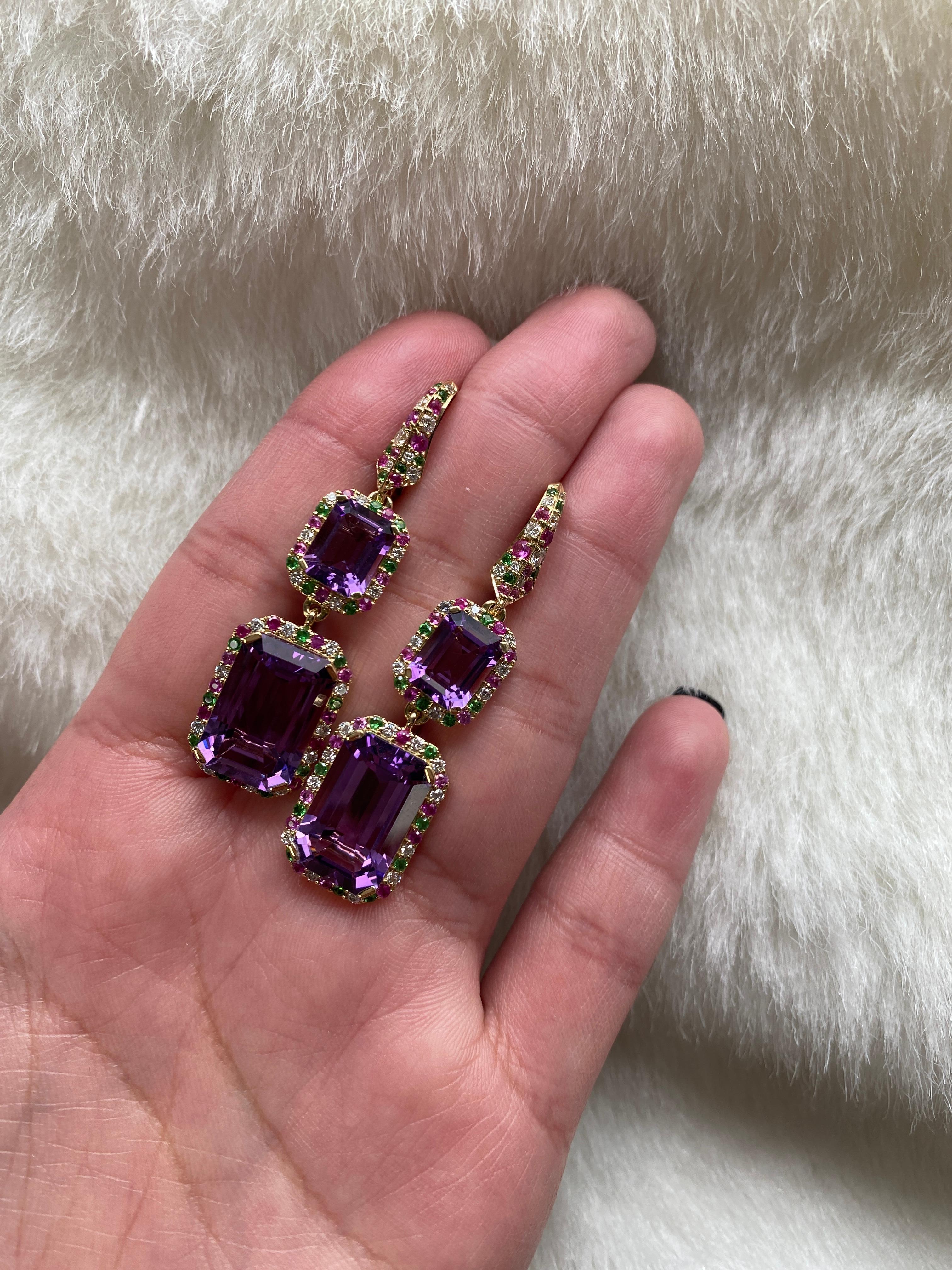 Goshwara Amethyst Emerald Cut with Tsavorite, Sapphire and Diamonds Earrings  In New Condition For Sale In New York, NY