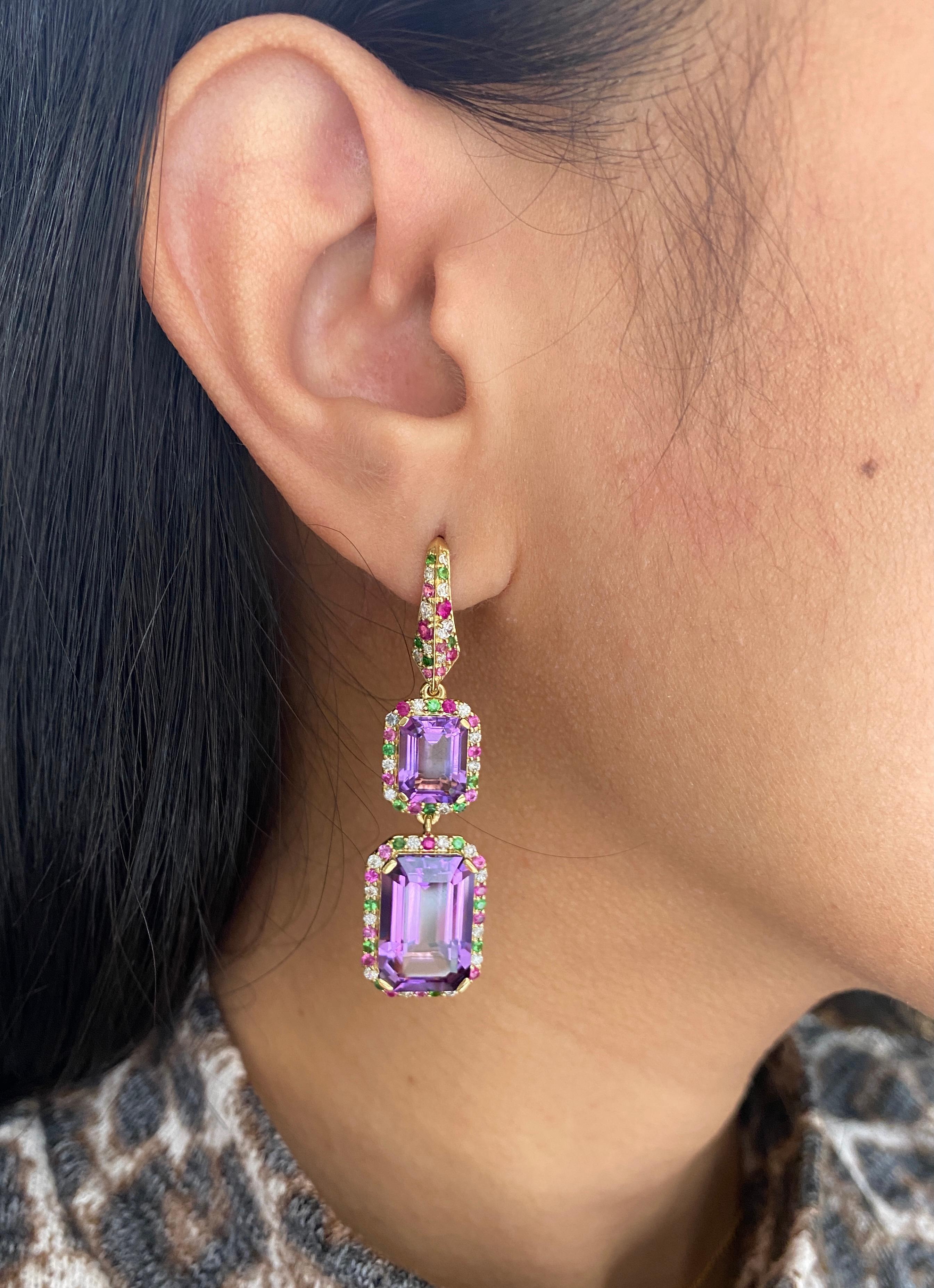 Goshwara Amethyst Emerald Cut with Tsavorite, Sapphire and Diamonds Earrings  For Sale 1