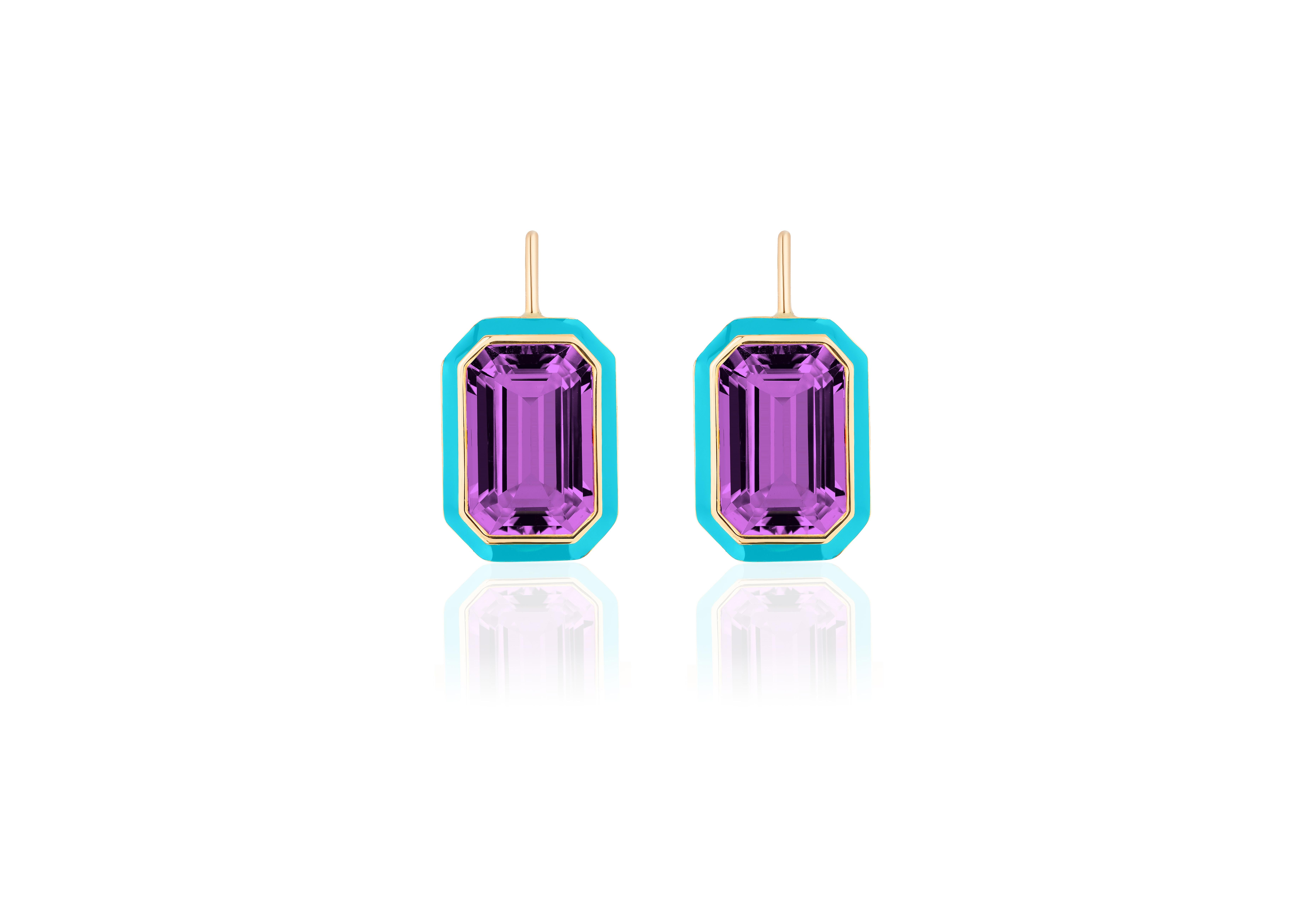These beautiful earrings are an Emerald Cut Amethyst, with Turquoise Enamel border on wire. From our ‘Queen’ Collection, it was inspired by royalty, but with a modern twist. The combination of enamel, and Amethyst represents power, richness and