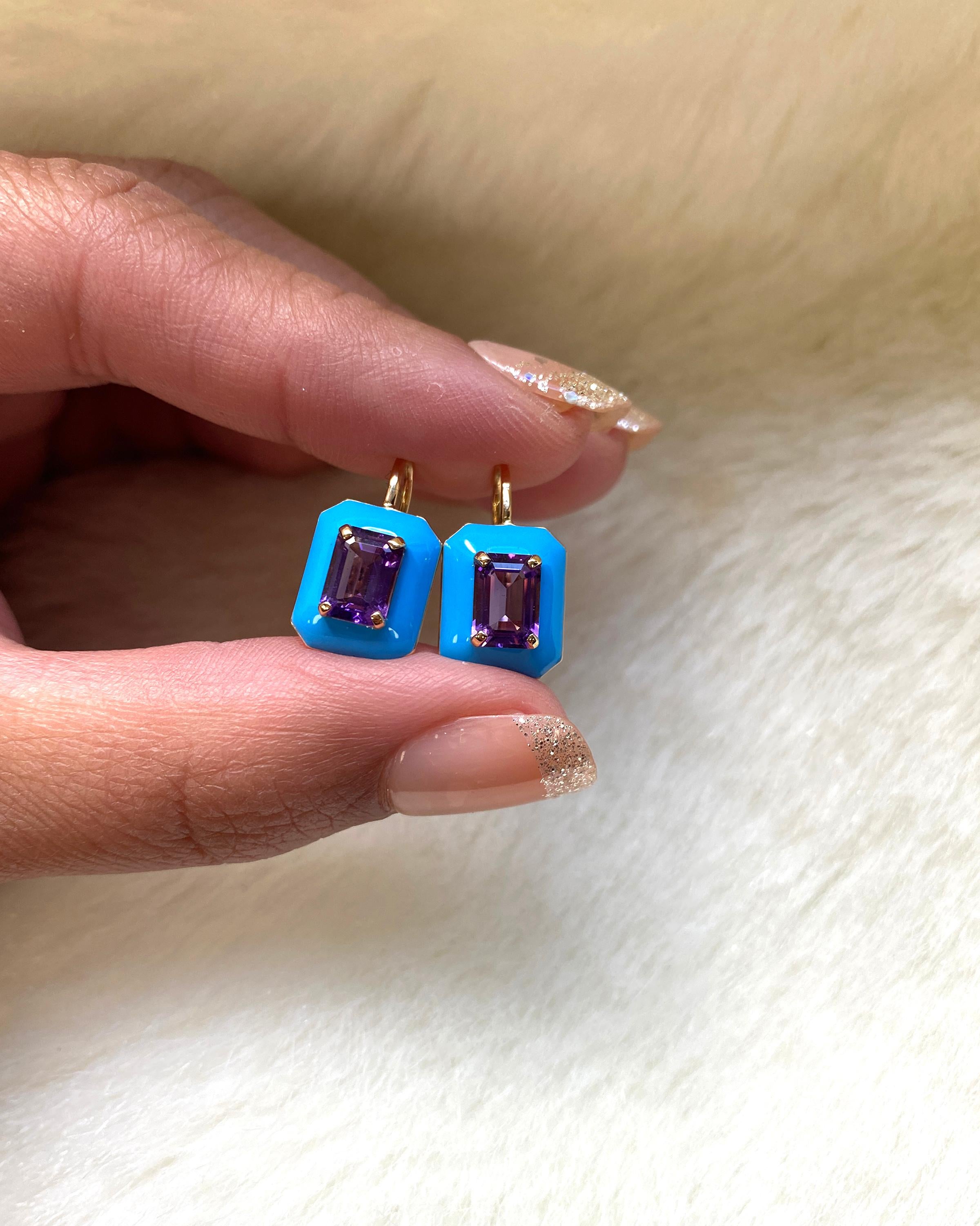 Contemporary Goshwara Amethyst Emerald Cut with Turquoise Enamel Earrings For Sale
