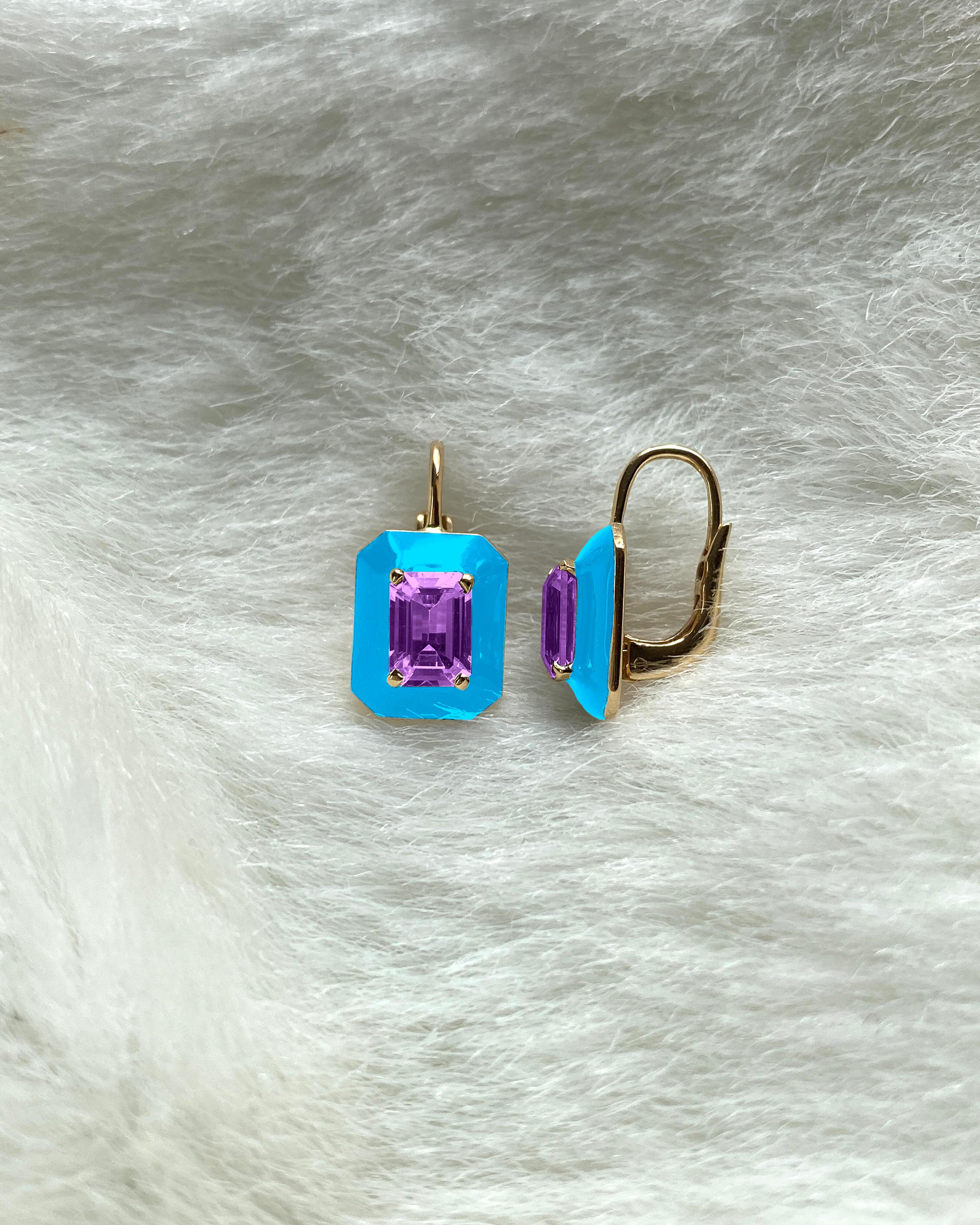 Goshwara Amethyst Emerald Cut with Turquoise Enamel Earrings In New Condition For Sale In New York, NY