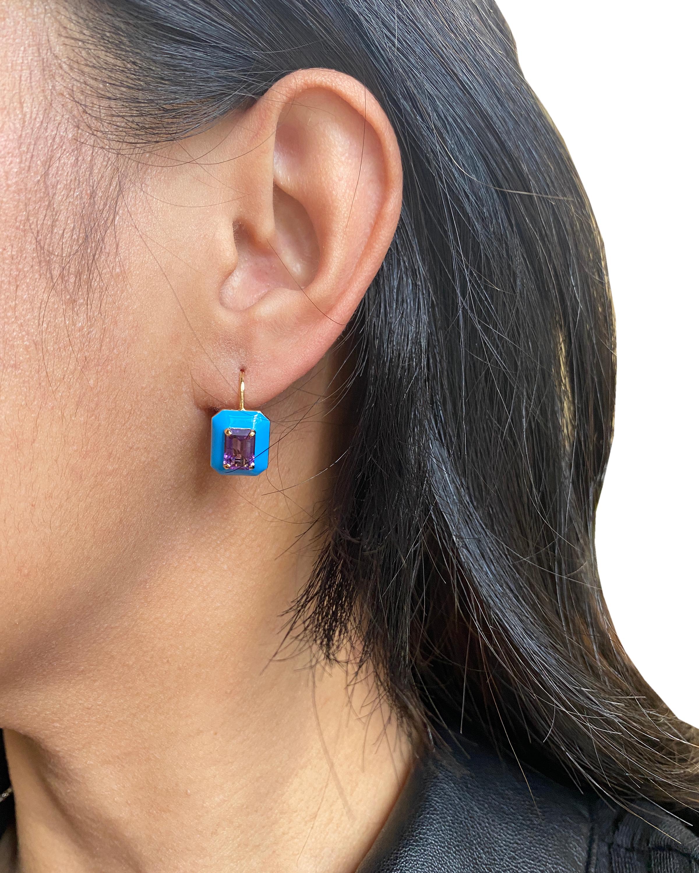 Goshwara Amethyst Emerald Cut with Turquoise Enamel Earrings For Sale 1