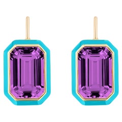 Goshwara Amethyst Emerald Cut with Turquoise Enamel Earrings