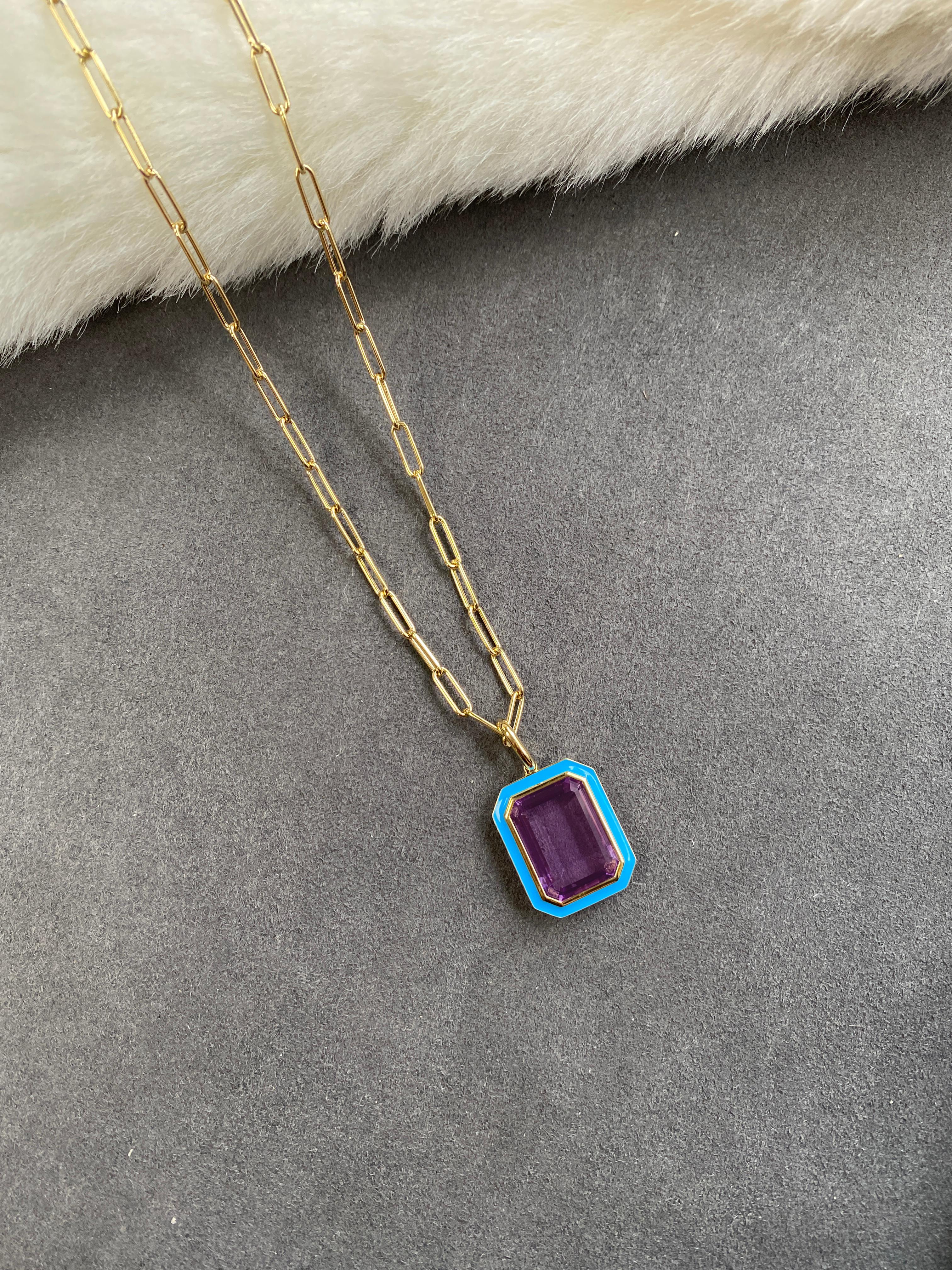 This pendant is a unique combination of Amethyst Emerald Cut in a bezel setting with Turquoise enamel surround. If you want to make a statement this is the perfect pendant to do it!

* Stone size: 16 x 12 mm
* Gemstone: 100% Earth Mined 
* Approx.