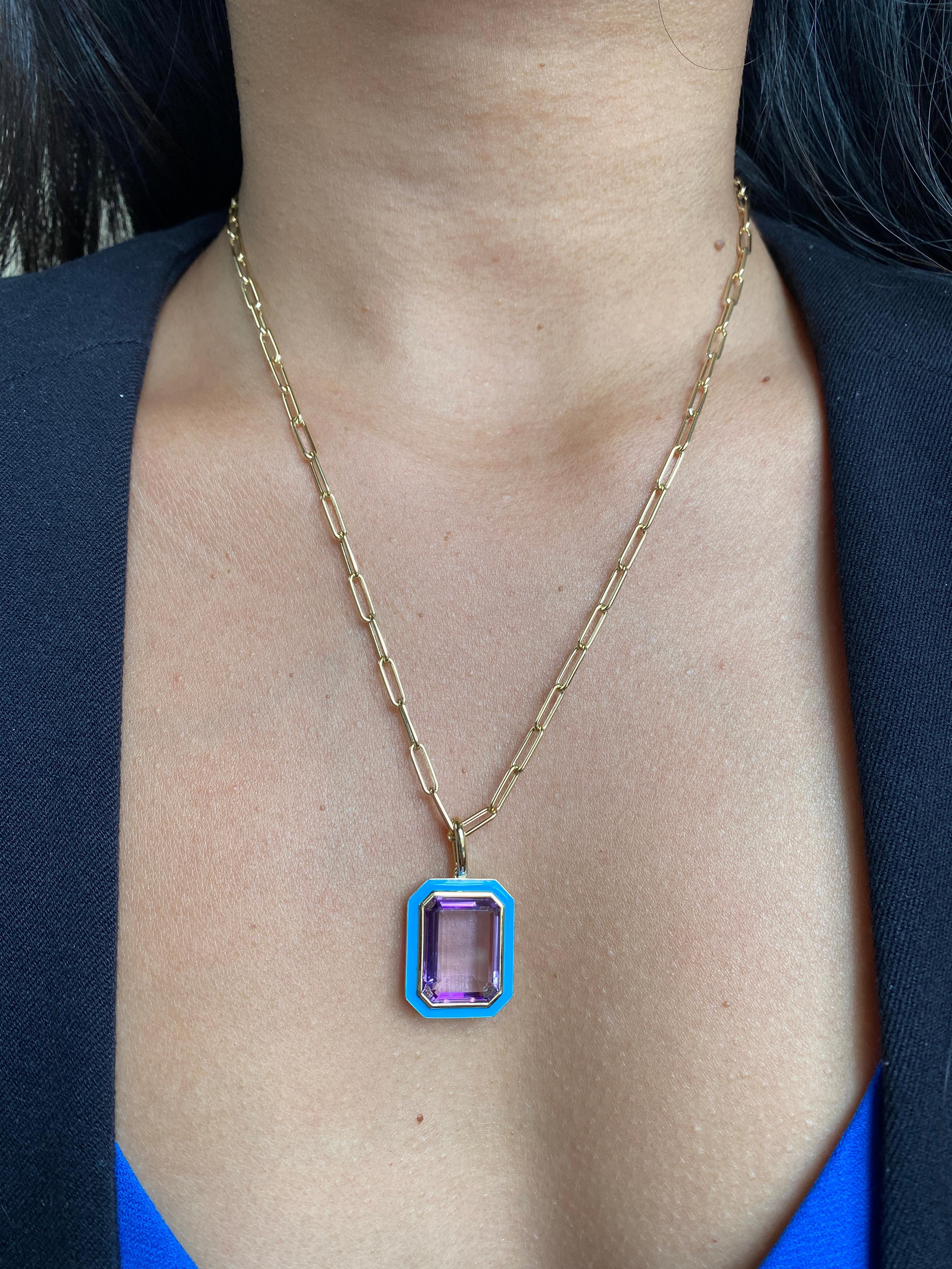 Goshwara Amethyst Emerald Cut with Turquoise Enamel Pendant In New Condition For Sale In New York, NY
