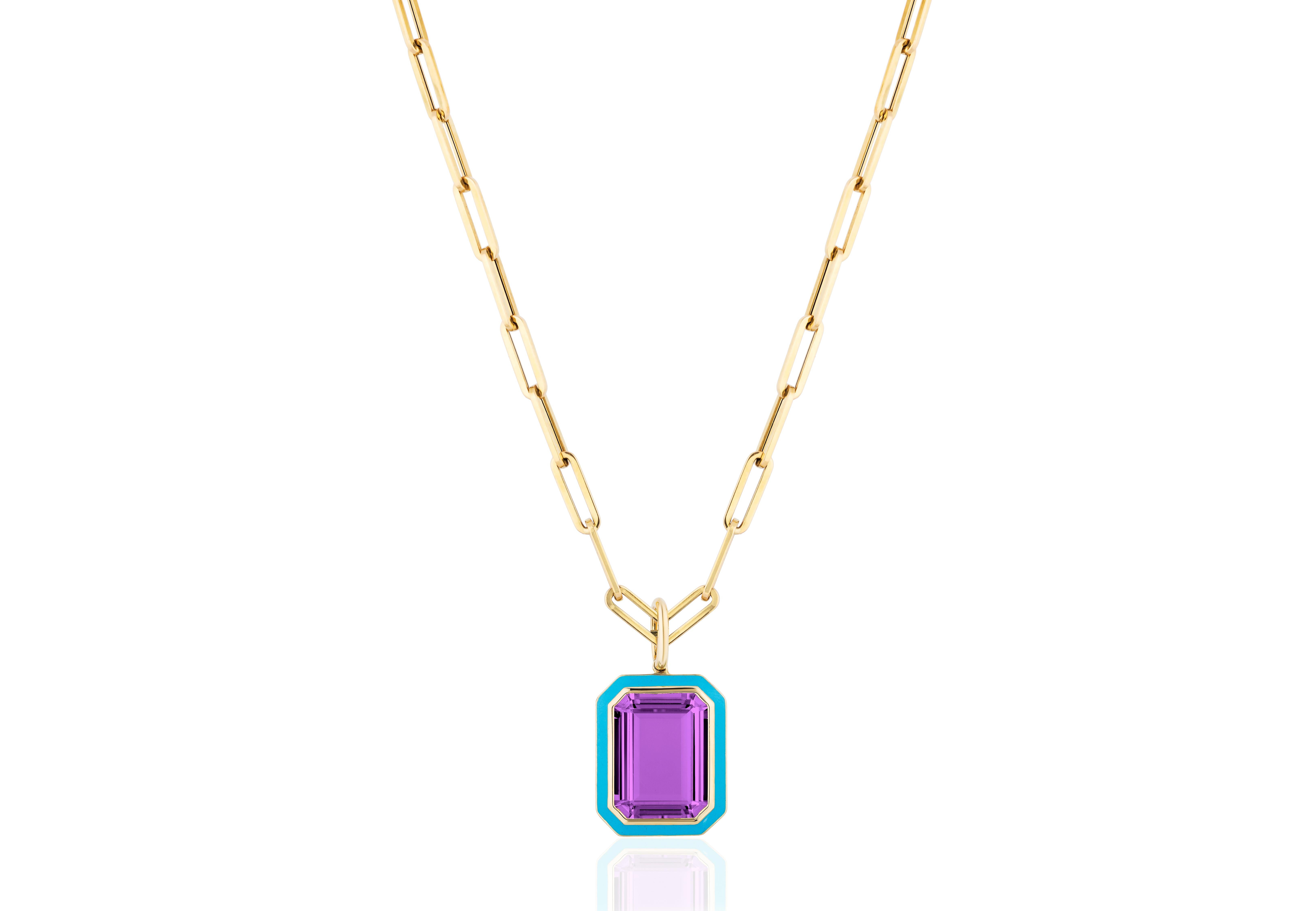 Women's Goshwara Amethyst Emerald Cut with Turquoise Enamel Pendant For Sale