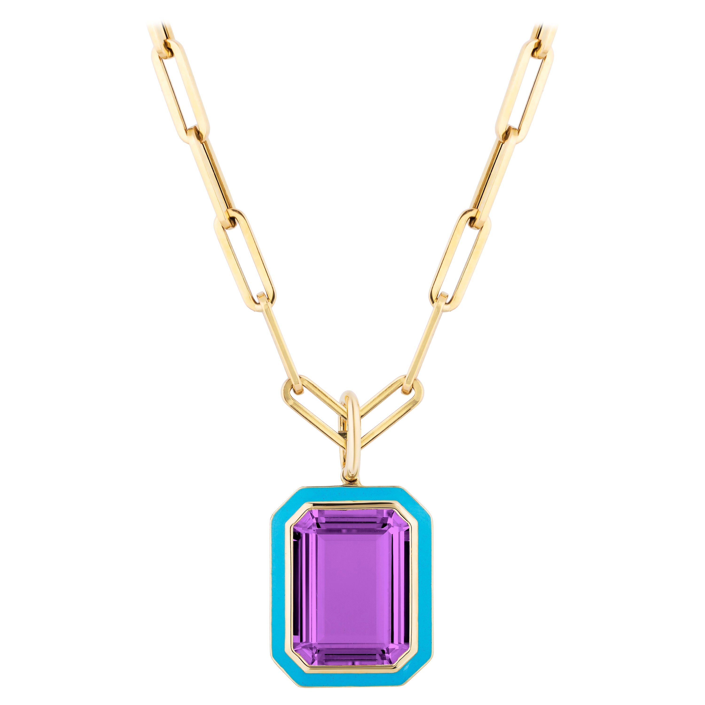 Pendentif Goshwara en améthyste taille émeraude et émail turquoise