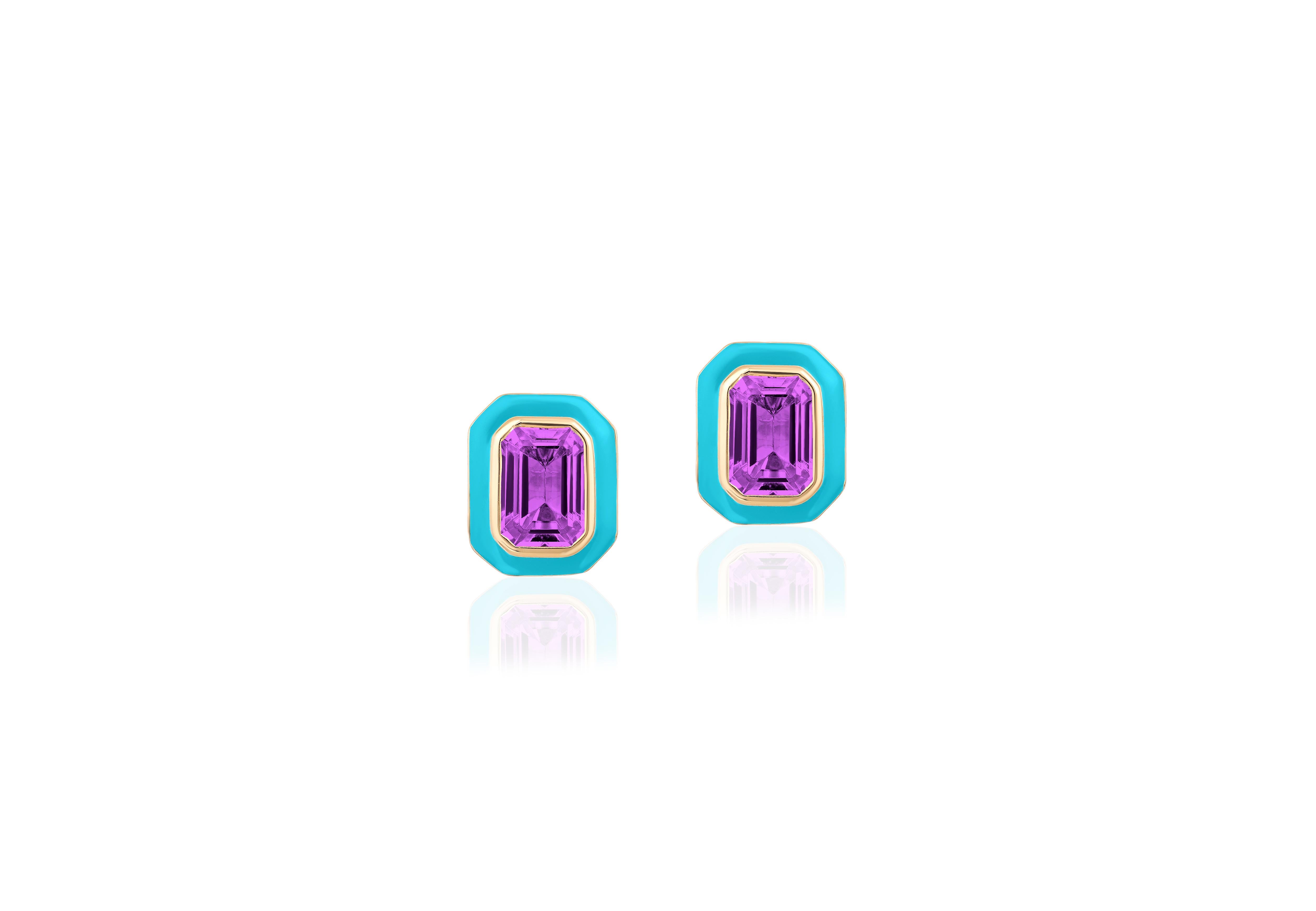 These earrings are a unique combination of Amethyst and Turquoise enamel. If you want to make a statement these are the perfect earrings to do it!

A pair of 7 x 5 mm Amethyst Emerald Cut studs earrings with Turquoise enamel. The studs have posts
