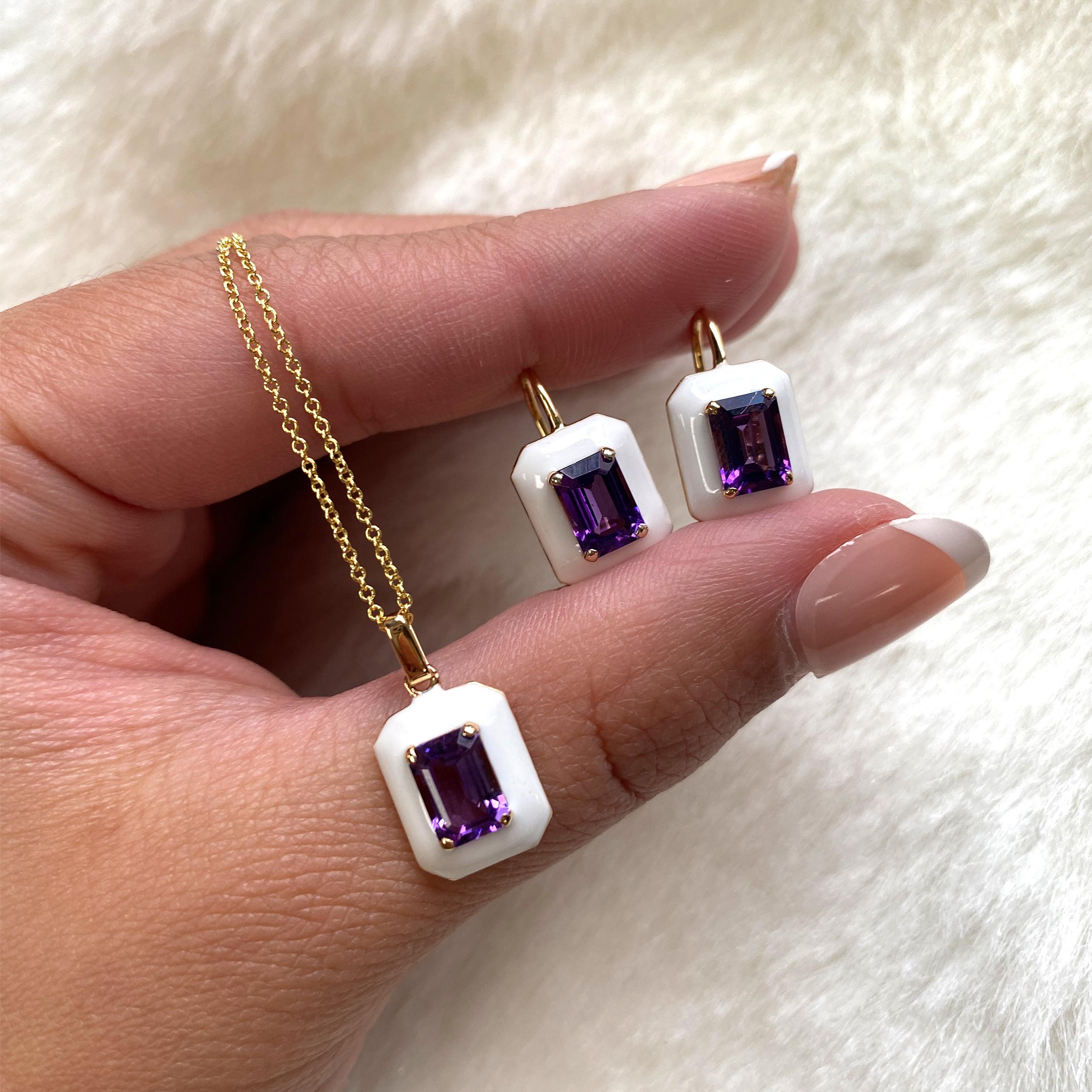 These unique earrings are an Amethyst Emerald Cut, with White Enamel border and Lever back. From our ‘Queen’ Collection, it was inspired by royalty, but with a modern twist. The combination of enamel, and Amethyst represents power, richness and