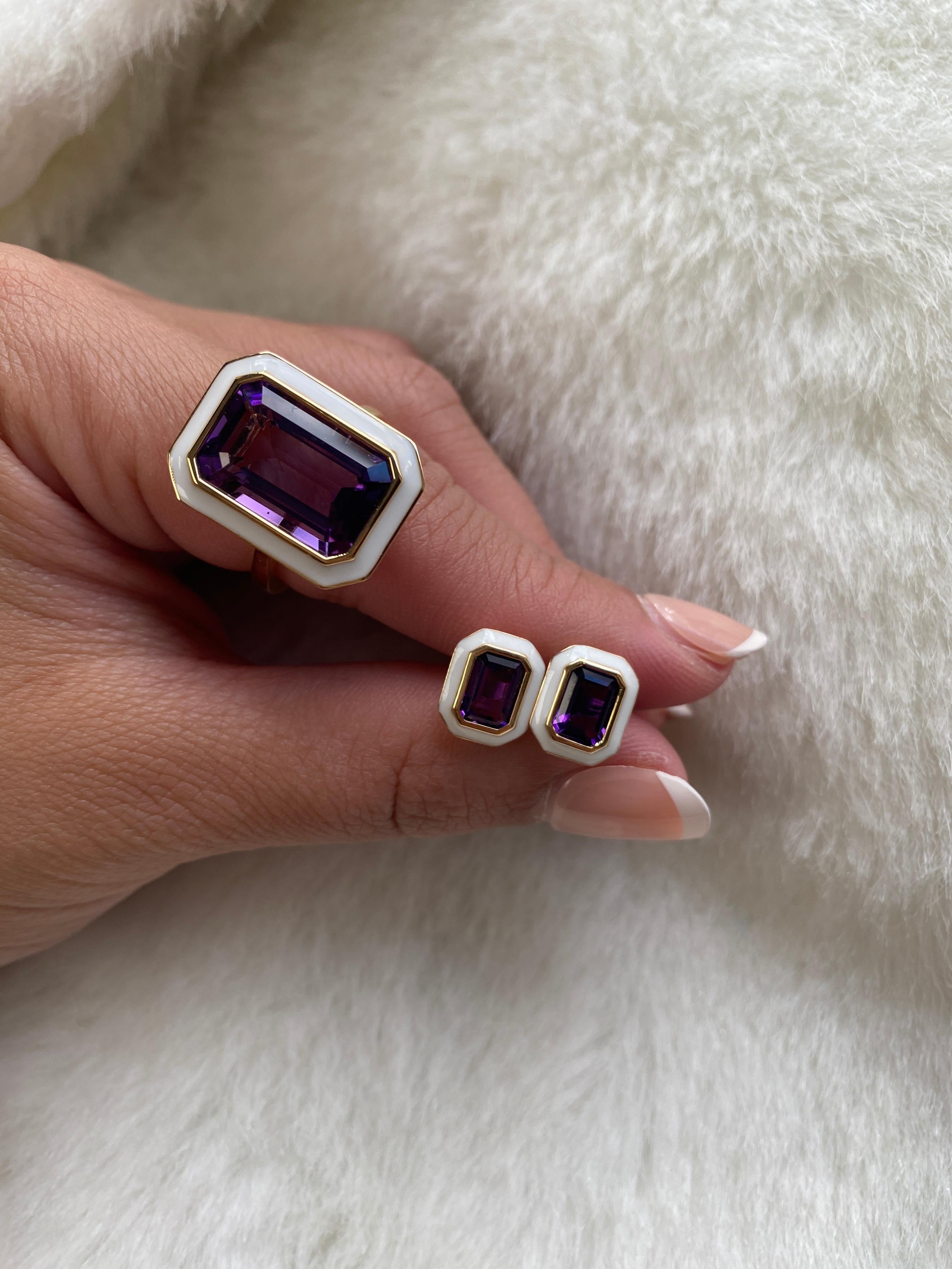 Goshwara Amethyst Emerald Cut with White Enamel Ring In New Condition For Sale In New York, NY