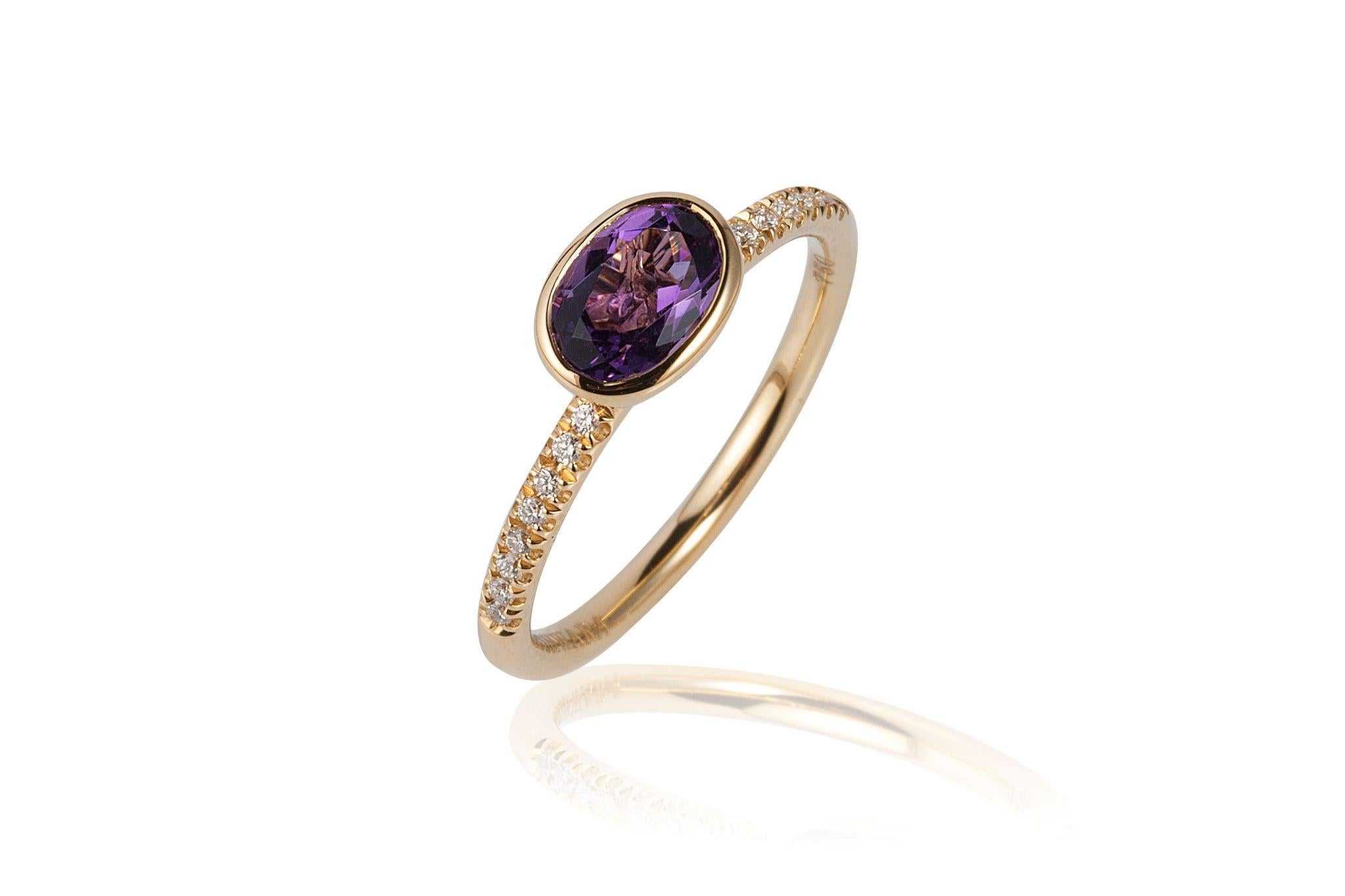 Amethyst Faceted Oval Ring with Diamond in 18K Yellow Gold, from ’Gossip' Collection

Stone Size: 7 x 5 mm

Gemstone Approx. Wt: Amethyst- 0.77 Carats

Diamonds: G-H / VS, Approx. Wt: 0.08 Carats