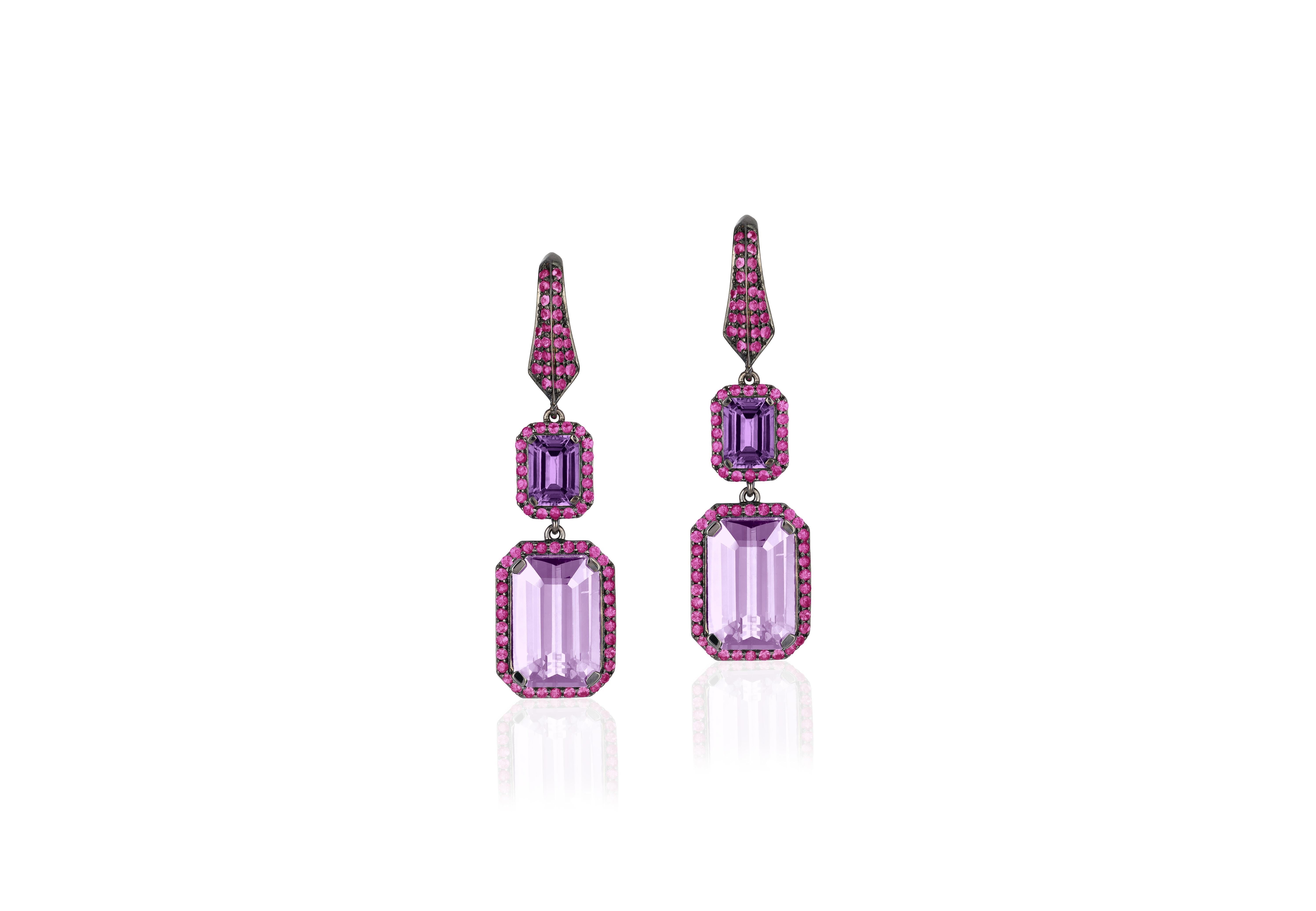 Emerald Cut Goshwara Amethyst, Lavender and Pink Sapphire Earrings For Sale