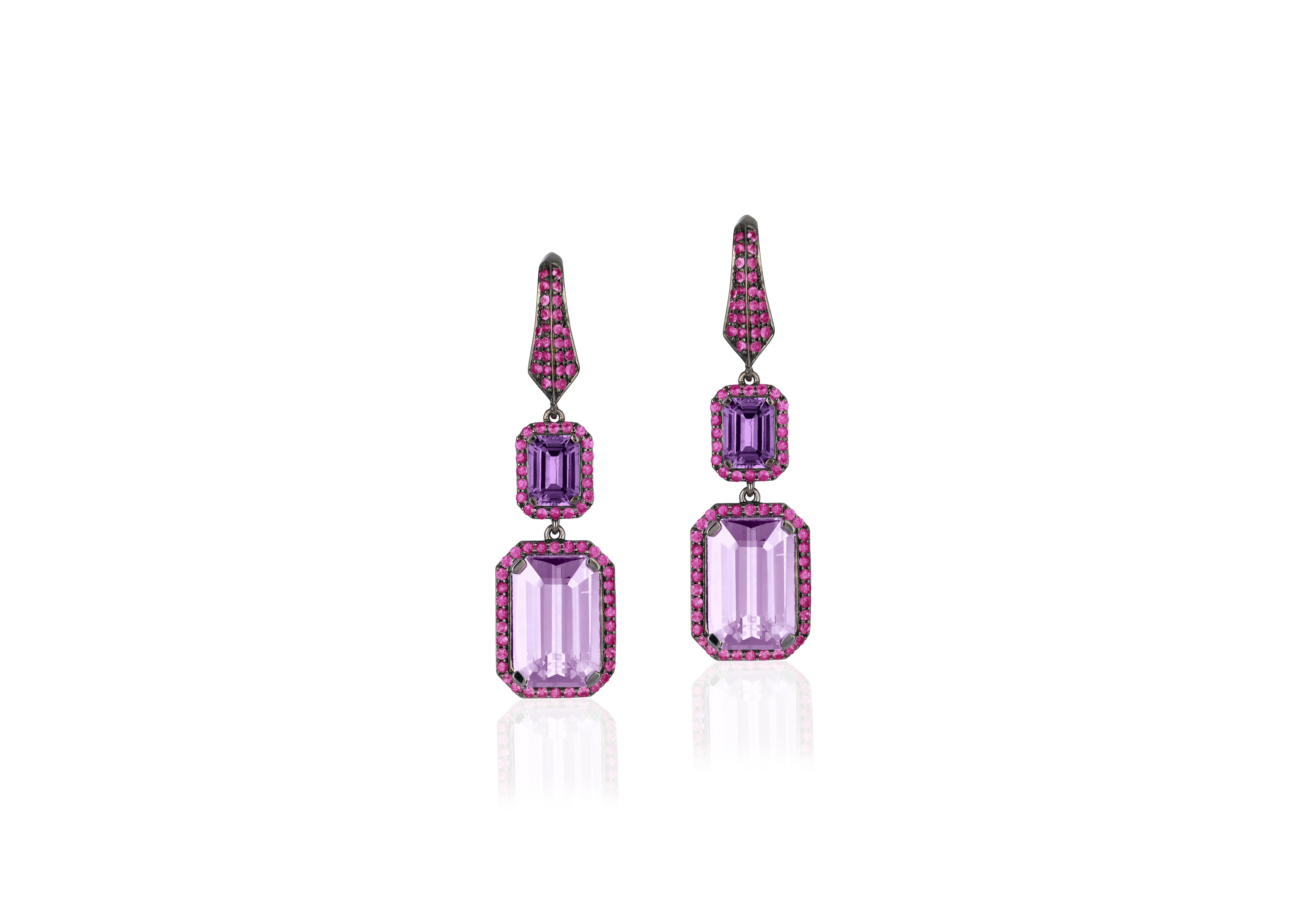Emerald Cut Goshwara Amethyst, Lavender and Pink Sapphire Earrings