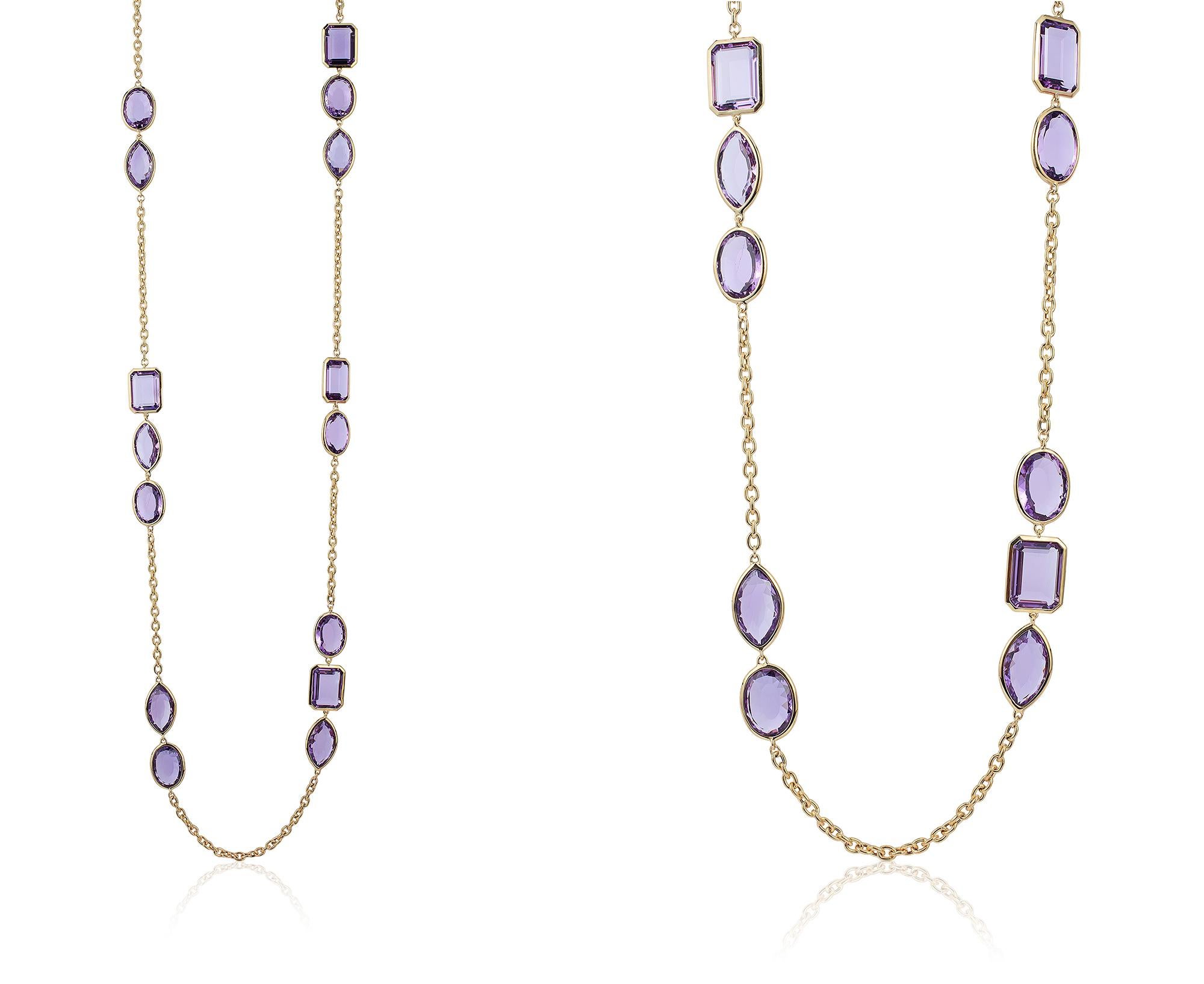 This Amethyst Multi-Shape Station Necklace from the 'Gossip' Collection is a stunning piece of jewelry crafted from 18K yellow gold. The necklace features multiple amethyst gemstones of various shapes and sizes that are set in station-style along
