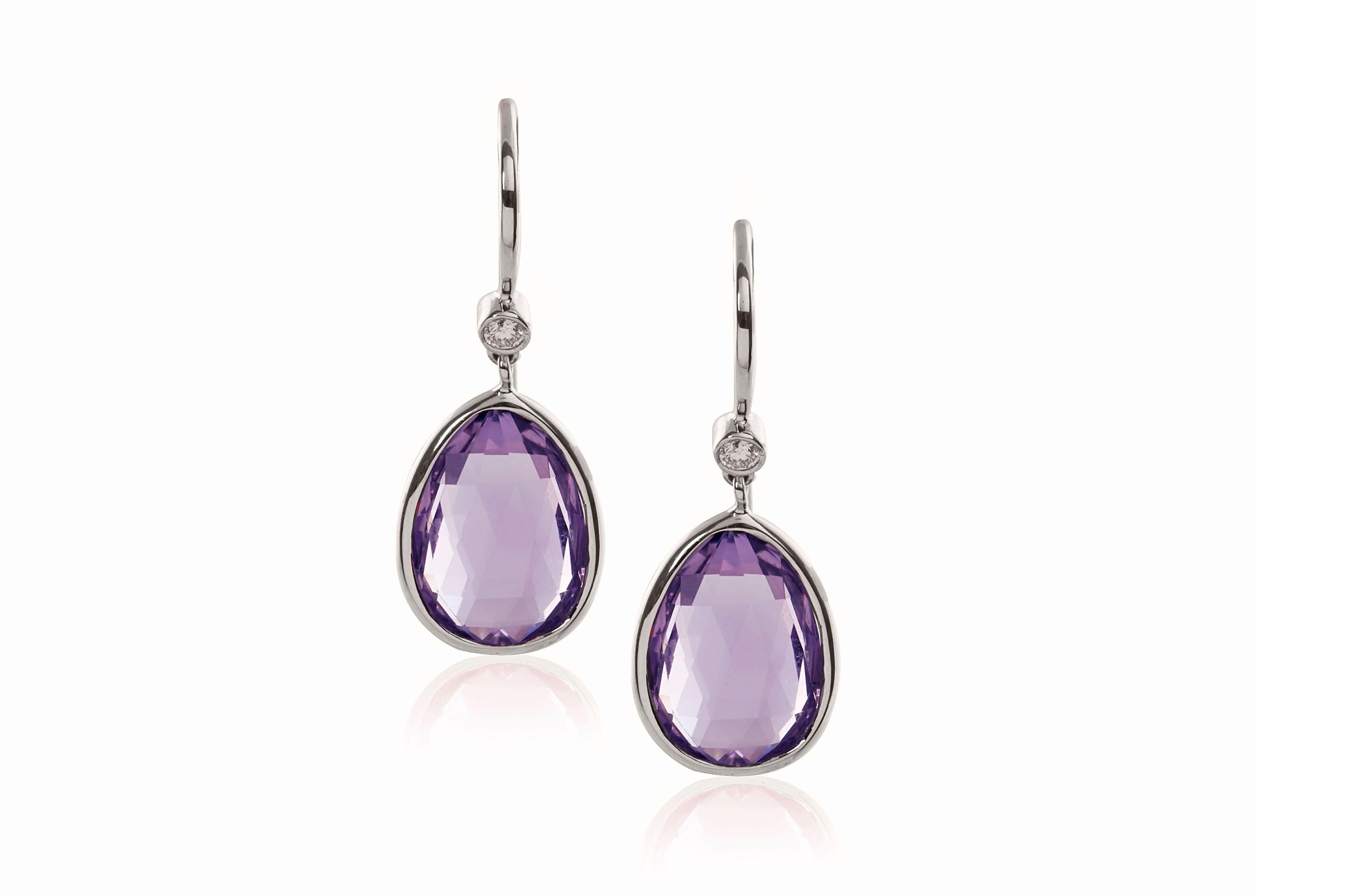 Amethyst Pear Shape Briolette with Diamond Earrings in 18K White Gold, from 'Gossip' Collection

Stone size: 14 x 20 mm

Gemstone Approx Wt: Amethyst - 28.43 Carats

Diamonds: G-H / VS, Approx Wt: 0.14 Carats 