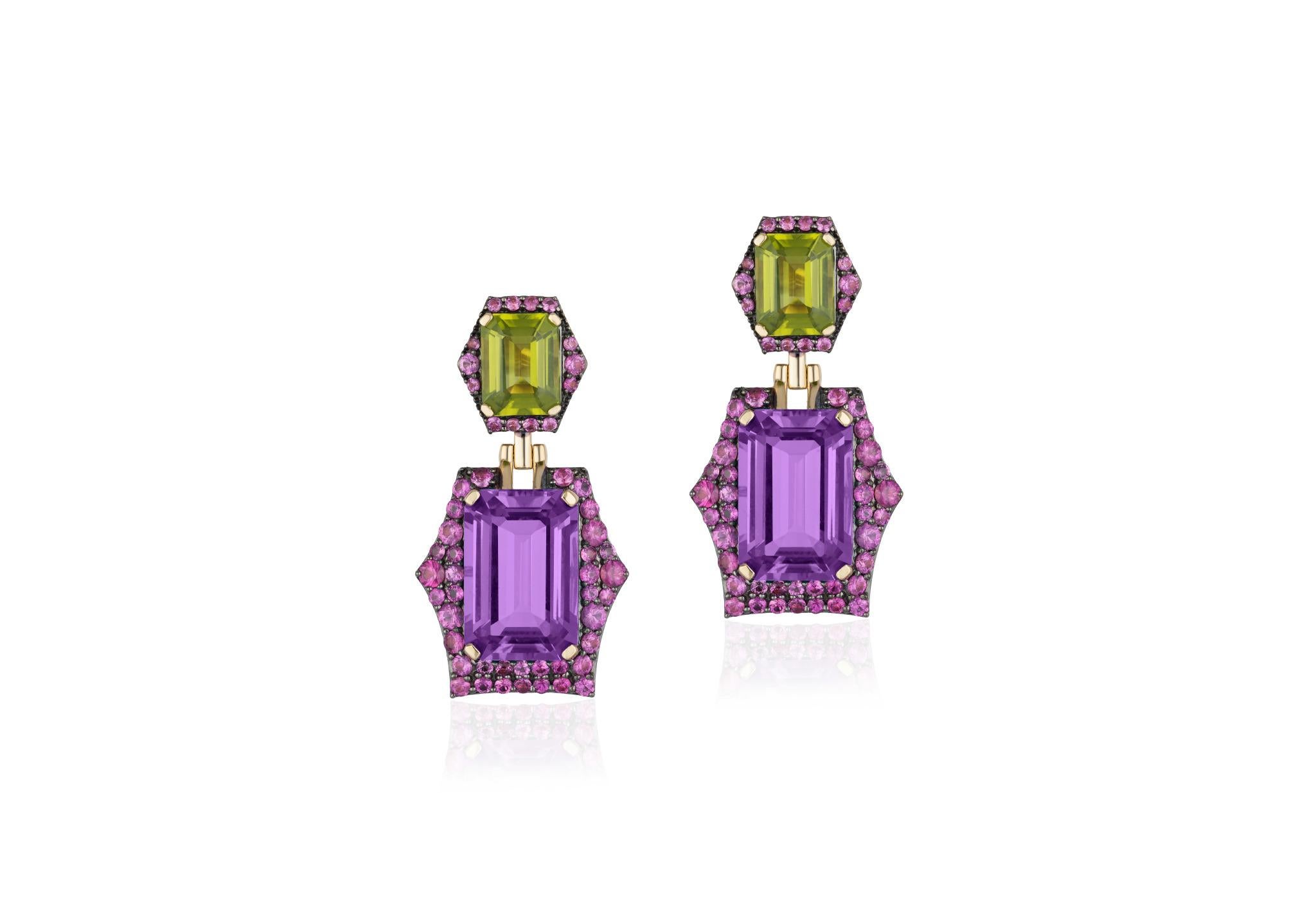 Amethyst, Peridot and Pink Sapphire Earrings in 18K Yellow Gold and Light Black Rhodium, from 'Rain-Forest' Collection
*Gemstone Size: 15 x 10mm, 9 x 7mm
*Gemstone Approx. Weight: Amethyst: 13.24 Carats 
                                             