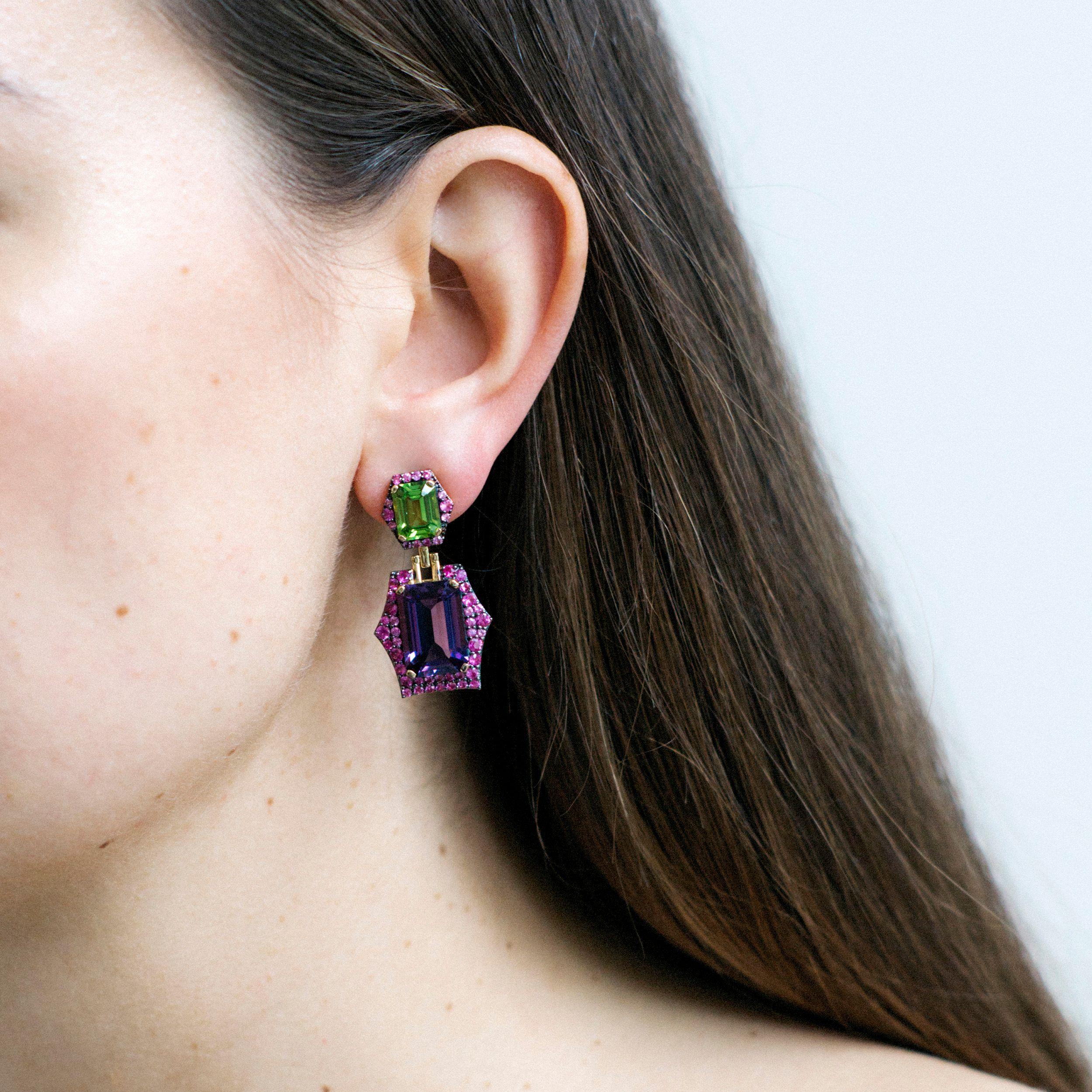 Contemporary Goshwara Amethyst, Peridot and Pink Sapphire Earrings For Sale