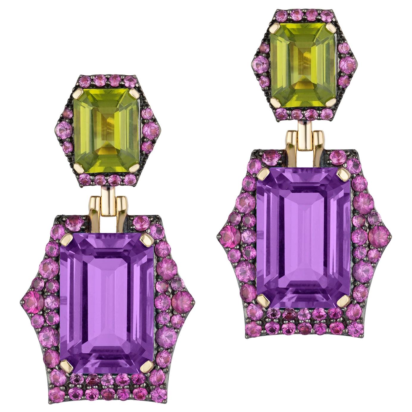 Ohrringe aus Goshwara mit Amethyst, Peridot und rosa Saphir