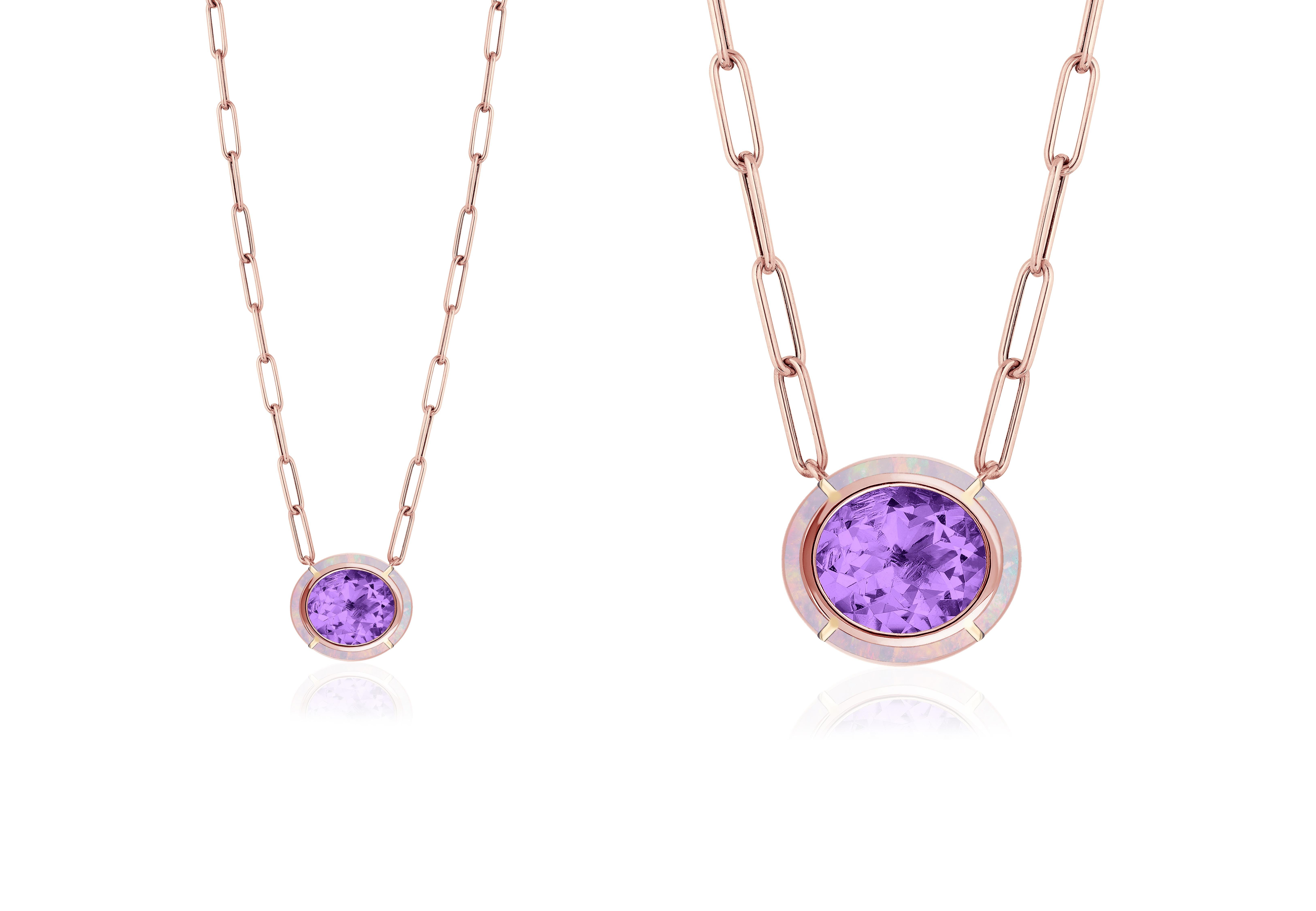 This Amethyst & Pink Opal Inlay Oval Pendant in 18K Rose Gold is a stunning piece of jewelry from the 'Mélange' Collection. The pendant features an oval-shaped Amethyst surrounded by a Pink Opal stone, both set in 18K Rose gold. The combination of