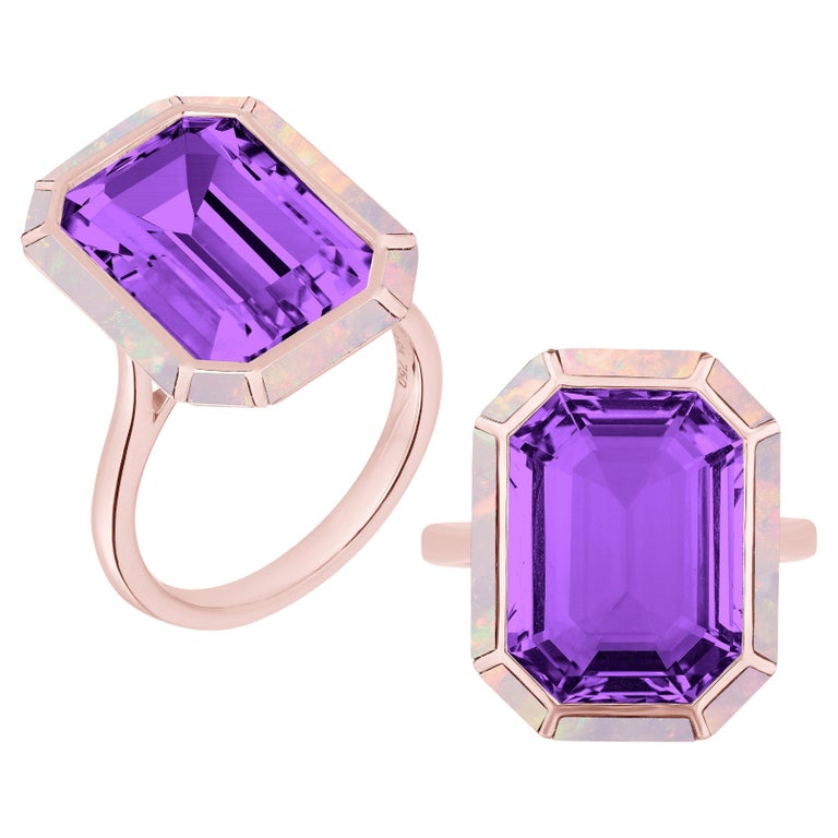 Bague Argent Massif 925 Améthyste Et Corail - Taille 58, Rectangle Courbé, Création Française Neuve